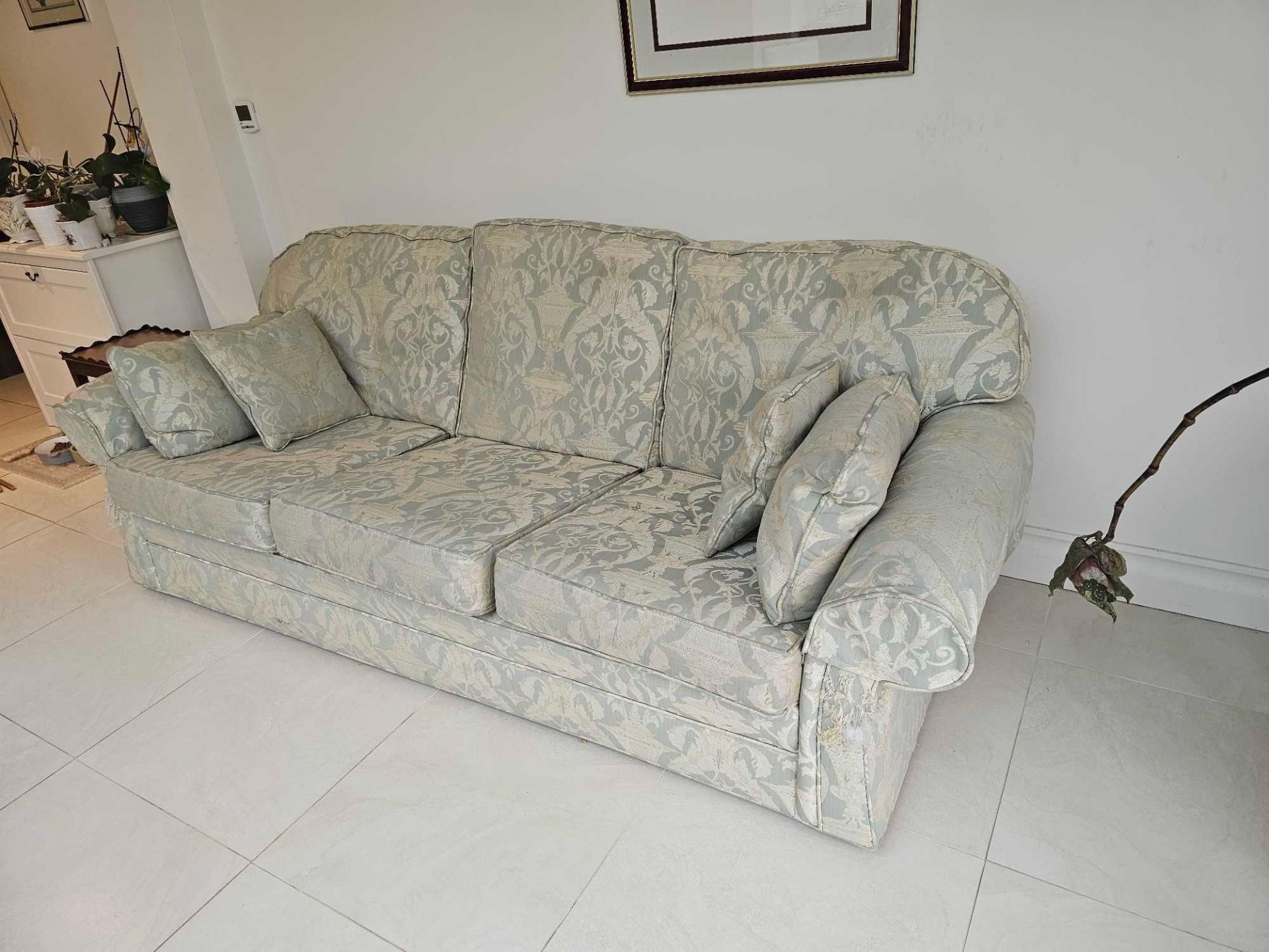 A Peter Guild Upholstered Three Seater Sofa In Damask Embossed Pattern Mint And Gold 235 X 87 X 95cm - Image 3 of 7