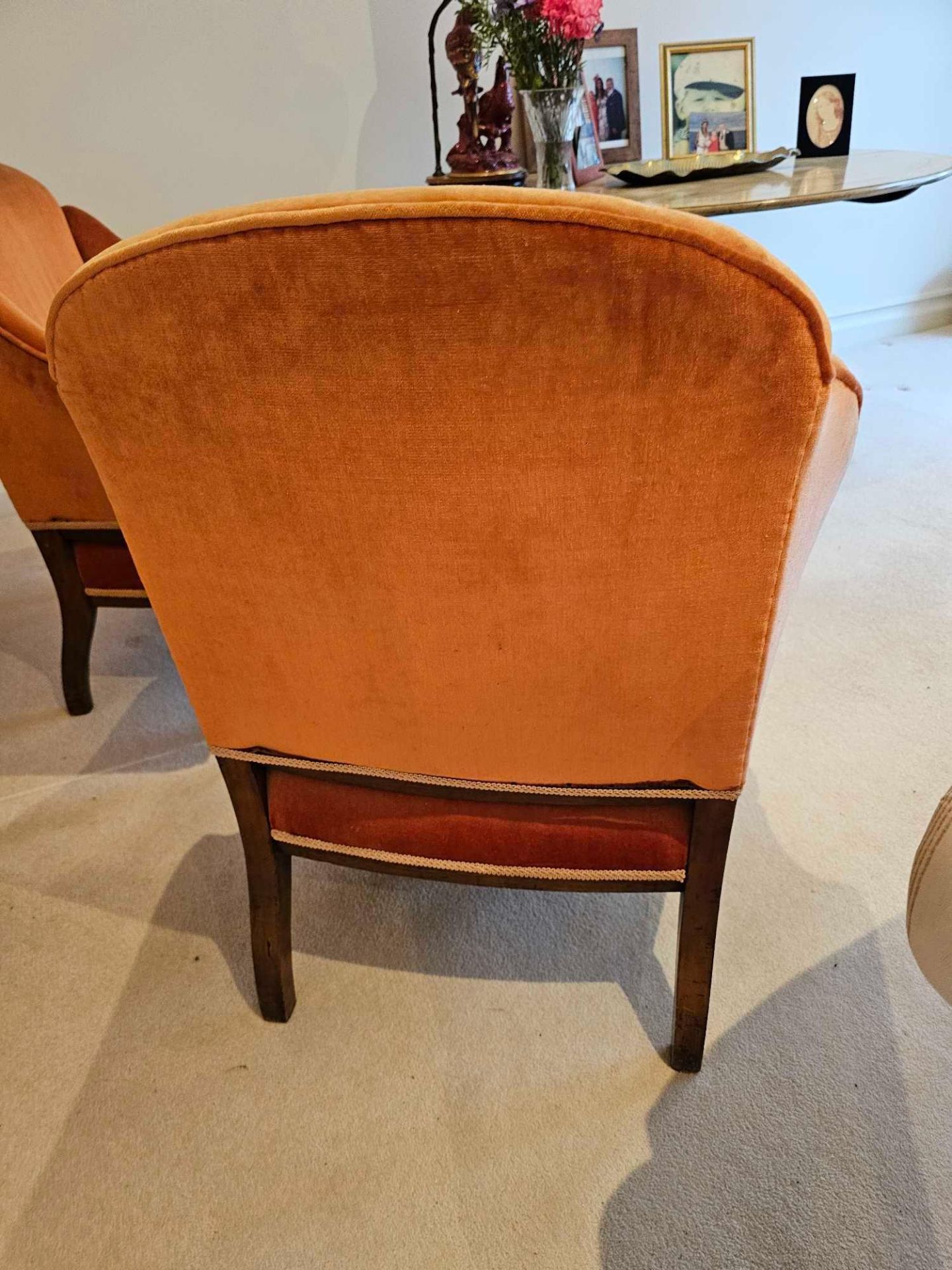 A Pair Of Edwardian Mahogany And Boxwood Strung BergÃ¨res Each Upholstered With Low Rectangular - Image 6 of 6