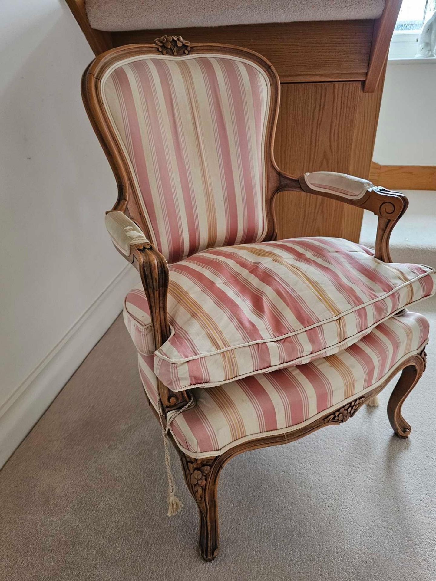 A Louis XV Style Beechwood Fauteuil The Shaped Rectangular Back With Floral Cresting, Striped - Image 2 of 5