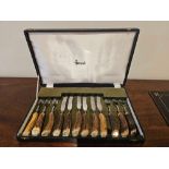 Samuel Peace Sheffield For Harrods Cased Steak Carving Set Of Six Knives And Forks Stainless Steel