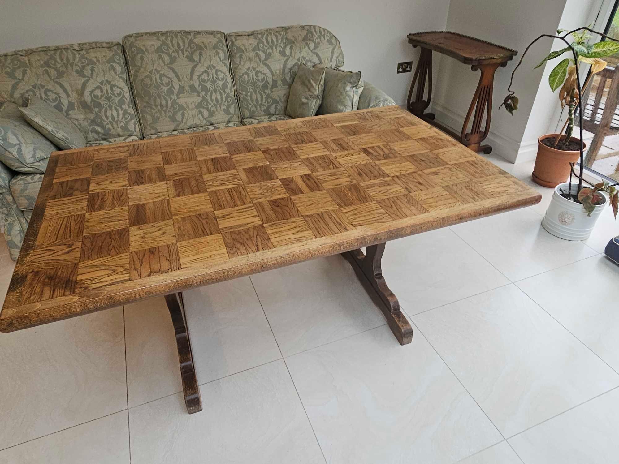 An Oak Trestle Dining Table With Parquetry Lattice Top 150 X 92 X 74cm - Image 2 of 5