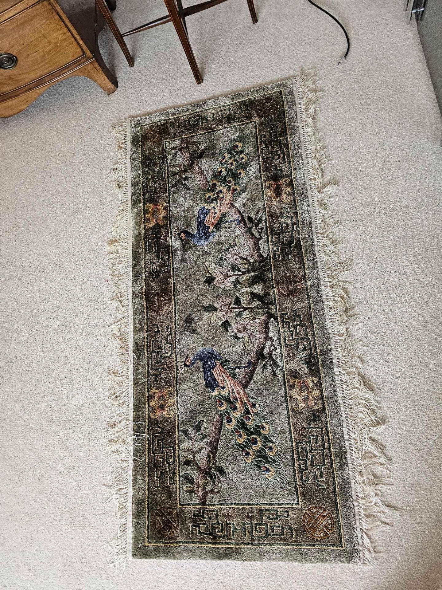 A Vintage Oriental Superwash Wool Rug Green Field With Floral And Peacock Design With Fringe 150 X - Image 2 of 3