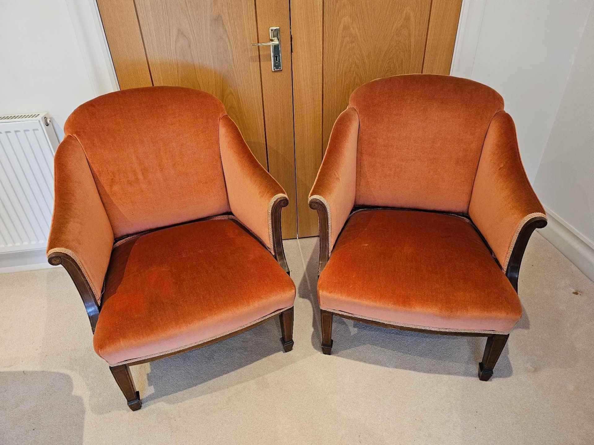 A Pair Of Edwardian Mahogany And Boxwood Strung BergÃ¨res Each Upholstered With Low Rectangular - Image 2 of 6