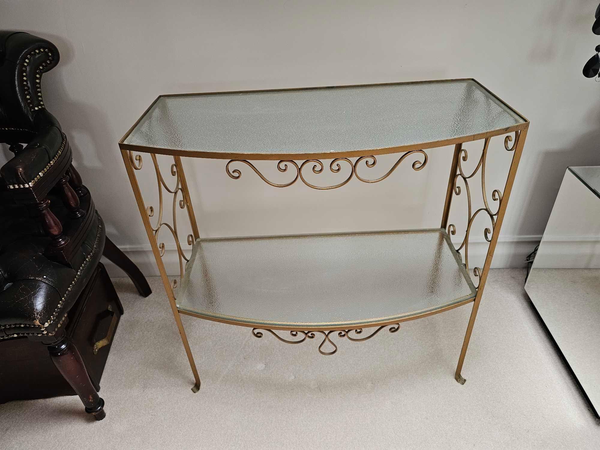 A Cast Metal Scroll Work Painted Console Table With Opaque Glass Top And Under Tier 74 X 36 X 75cm - Image 3 of 4