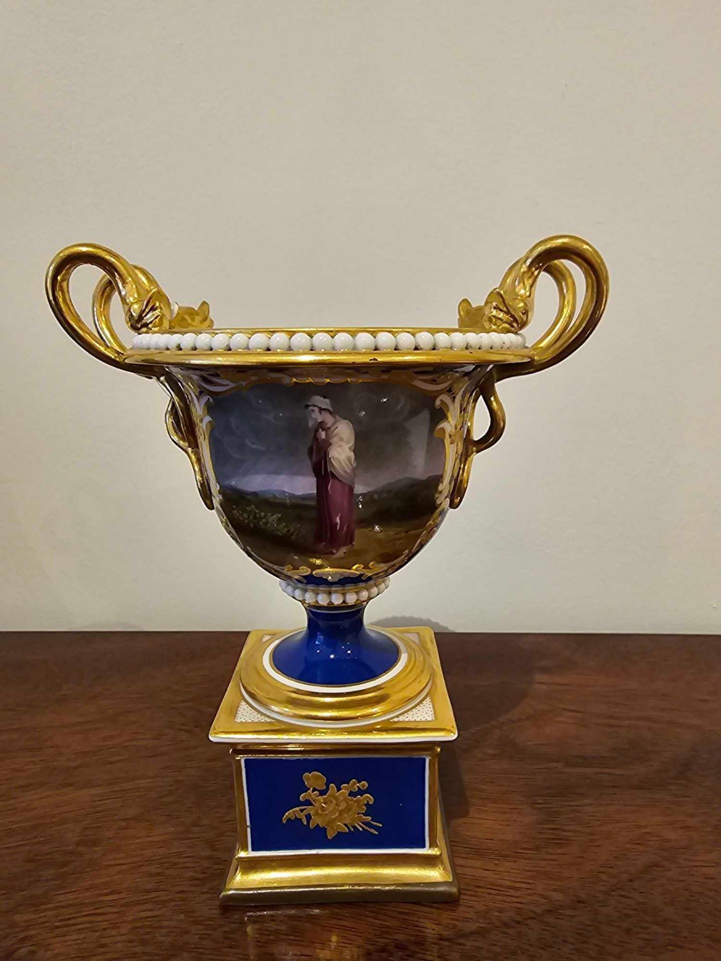 A Sevres Style Porcelain Cobalt And Gold Painted Urn Inscribed Under The Task Cowper - Image 2 of 5