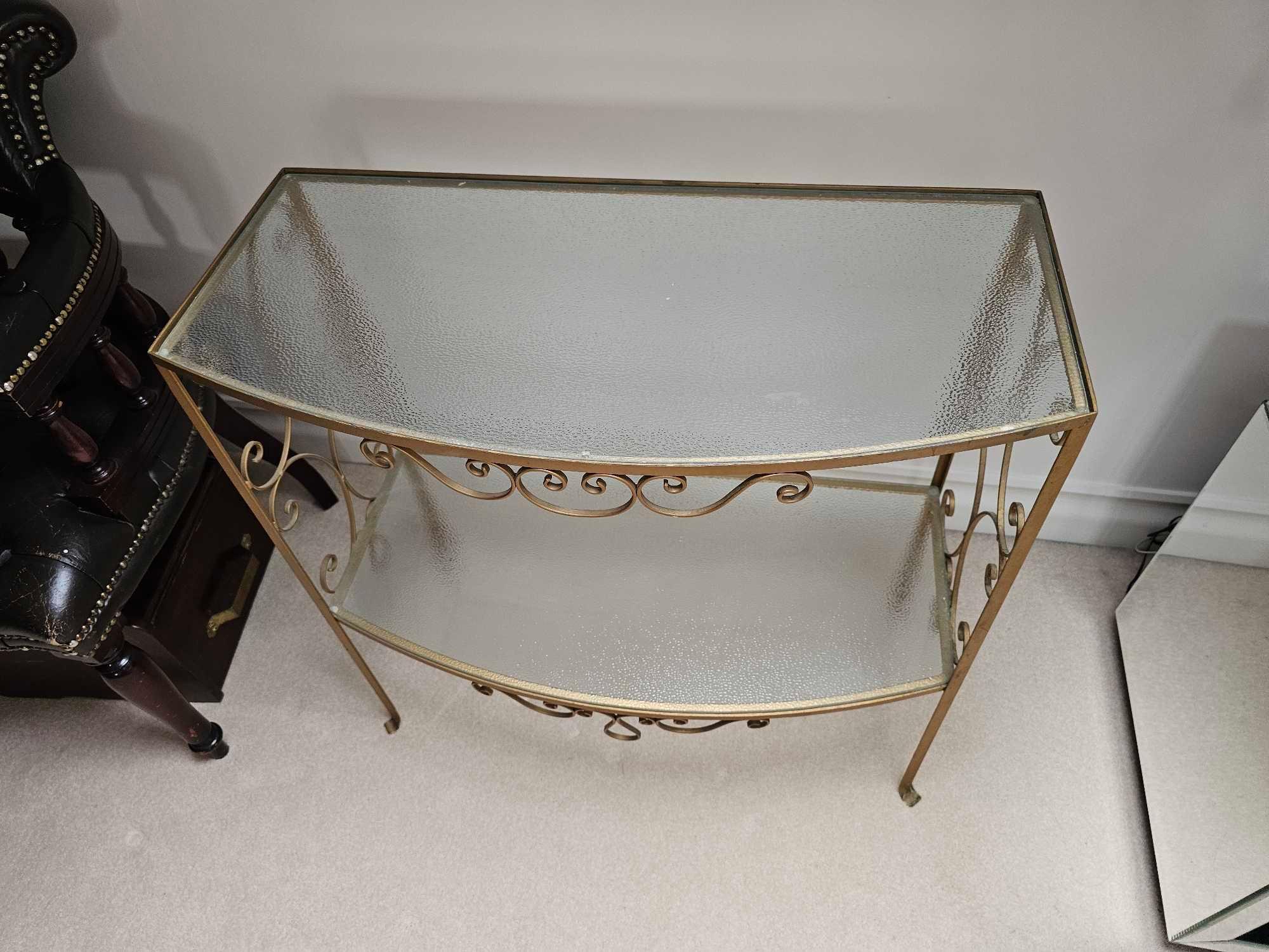 A Cast Metal Scroll Work Painted Console Table With Opaque Glass Top And Under Tier 74 X 36 X 75cm - Image 4 of 4