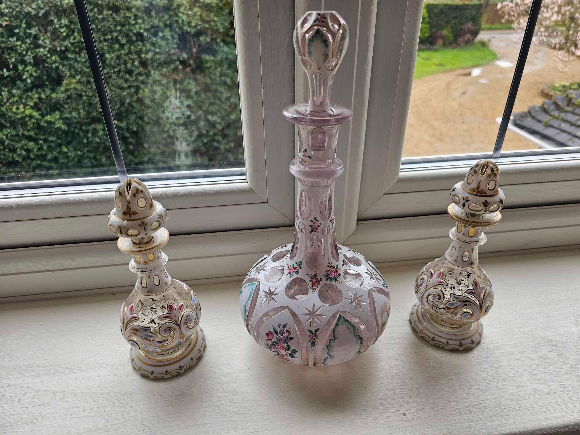 A Bohemian White Overlay And Enamelled Cut To Pink Shaft And Globe Decanter Circa 1870 Finely