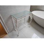A Cast Metal Scroll Work Painted Console Table With Opaque Glass Top And Undertier 60 X 30 X 74cm