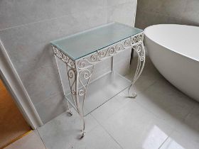 A Cast Metal Scroll Work Painted Console Table With Opaque Glass Top And Undertier 60 X 30 X 74cm