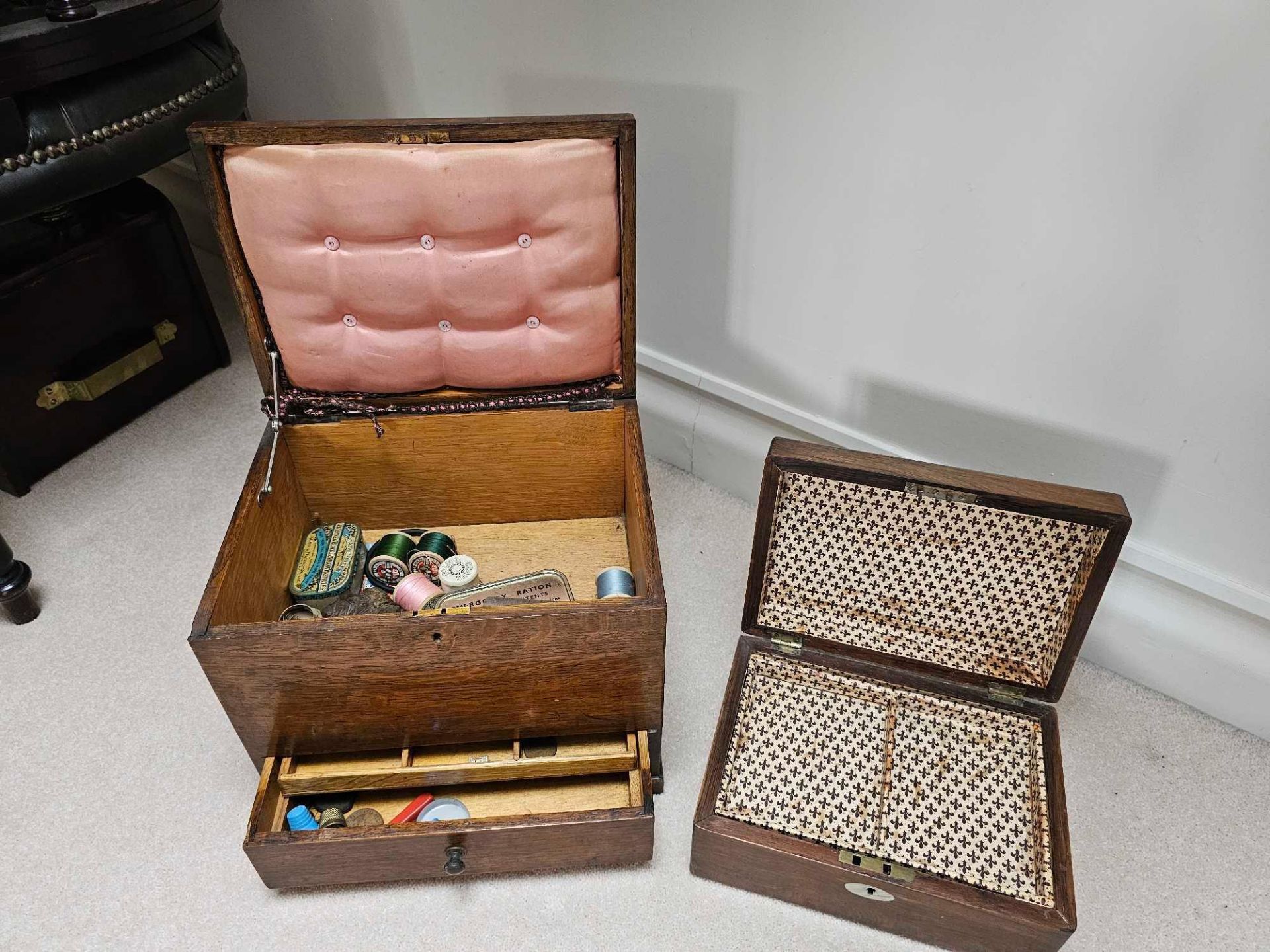 A Victorian Oak Sewing Workbox Padded Lid With Two Short Drawers 30 X 22 X 26cm And Another Small - Image 2 of 4