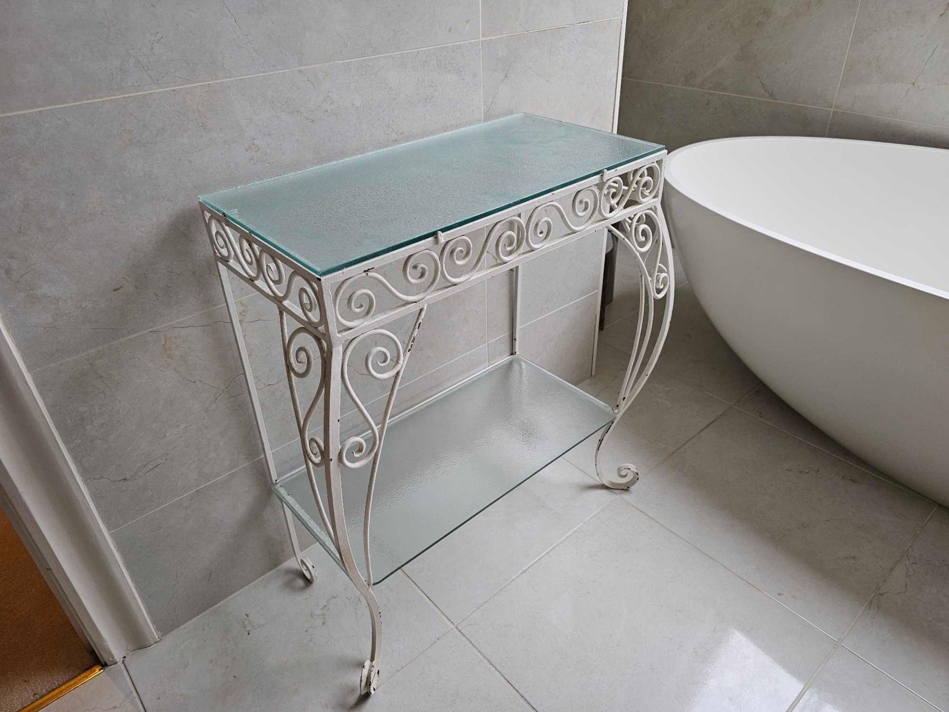 A Cast Metal Scroll Work Painted Console Table With Opaque Glass Top And Undertier 60 X 30 X 74cm - Image 2 of 3