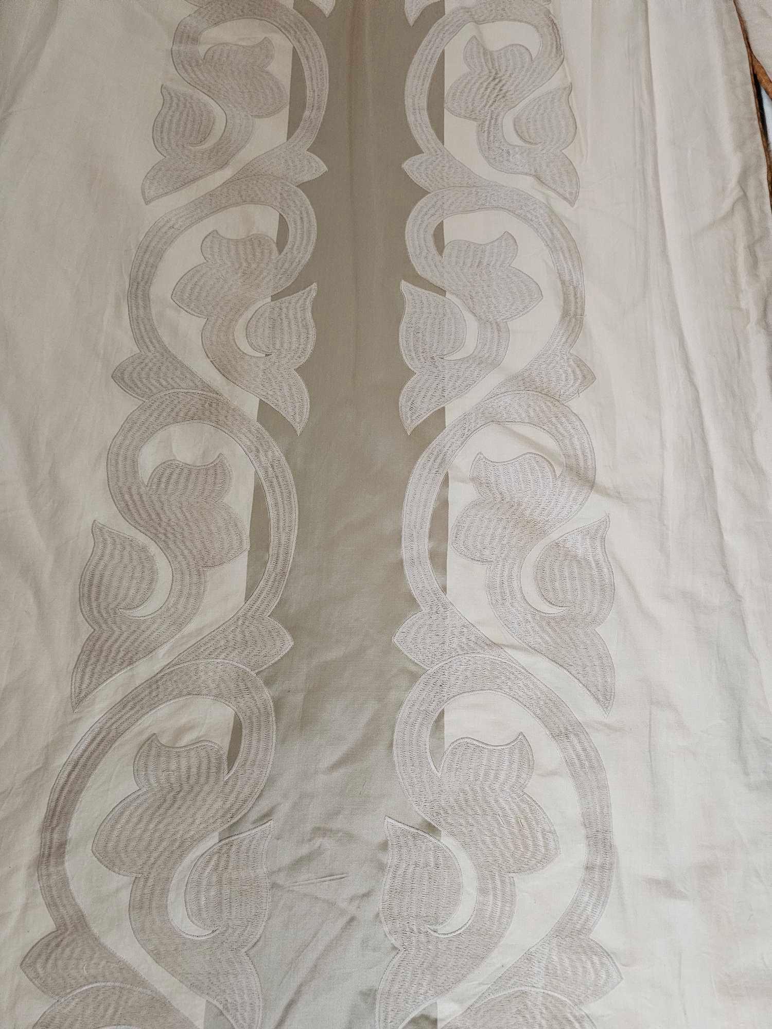 A Pair Of Silk Bed Canopy Drapes Brown Pattern Repeating With Piping Each Panel 60cm Wide X 218cm - Image 2 of 2