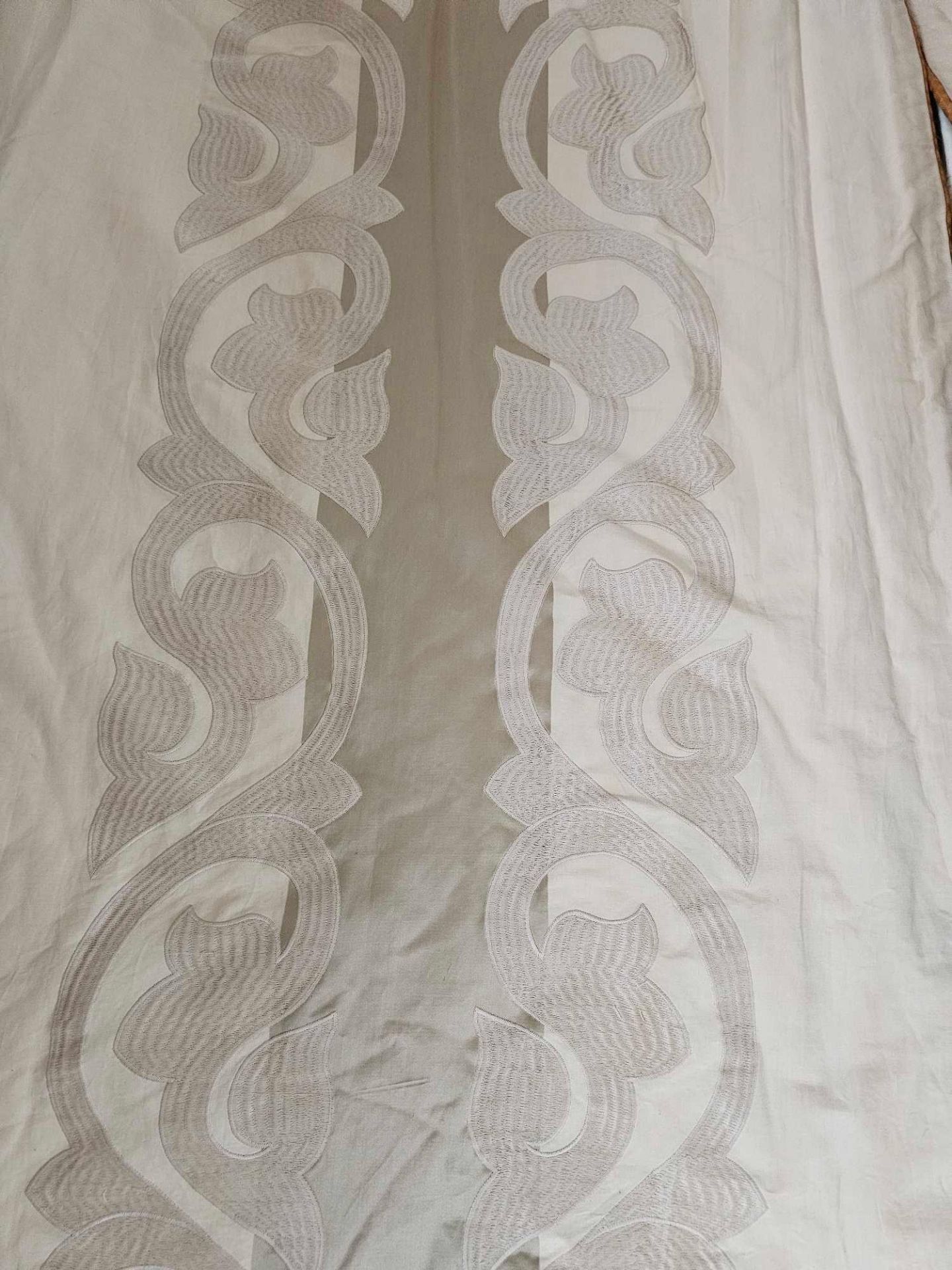 A Pair Of Silk Bed Canopy Drapes Brown Pattern Repeating With Piping Each Panel 60cm Wide X 218cm - Image 2 of 2