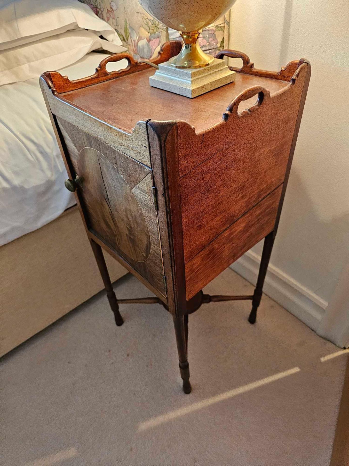 A George III Mahogany Bedside Cabinet The Three Quarter Pierced Gallery Tray Top Incorporating - Image 5 of 5