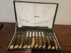 Samuel Peace Sheffield For Harrods Cased Steak Carving Set Of Six Knives And Forks Stainless Steel