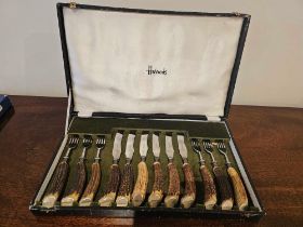 Samuel Peace Sheffield For Harrods Cased Steak Carving Set Of Six Knives And Forks Stainless Steel