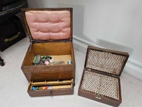 A Victorian Oak Sewing Workbox Padded Lid With Two Short Drawers 30 X 22 X 26cm And Another Small
