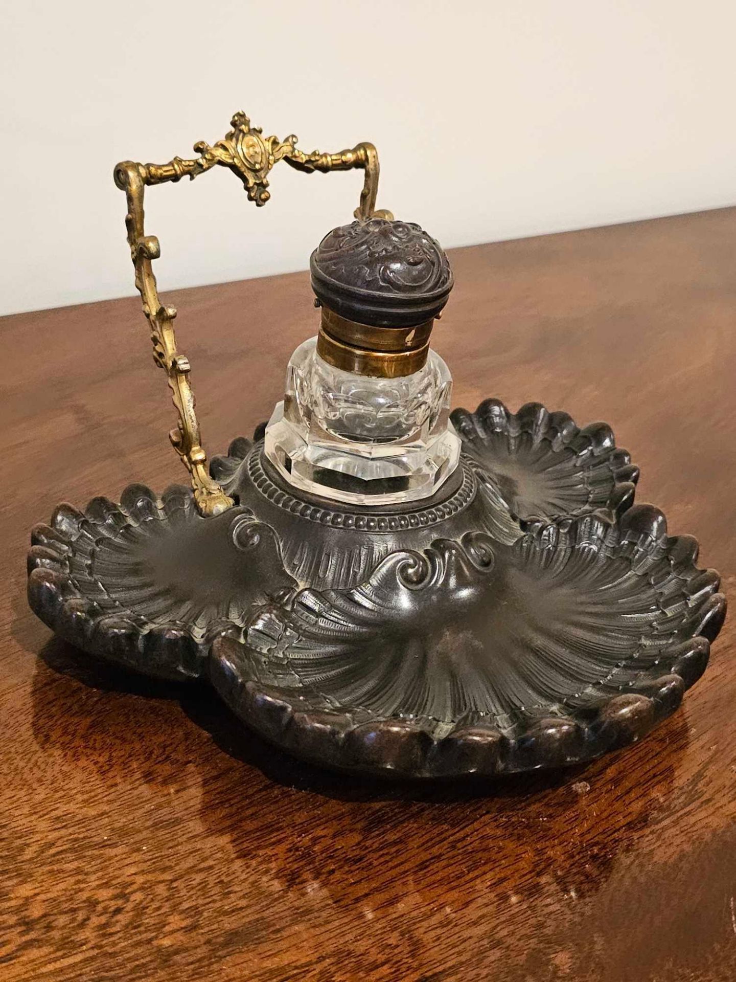 C1860. French Bois Derci Inkwell With Cut Glass Insert And Brass Handle