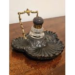 C1860. French Bois Derci Inkwell With Cut Glass Insert And Brass Handle