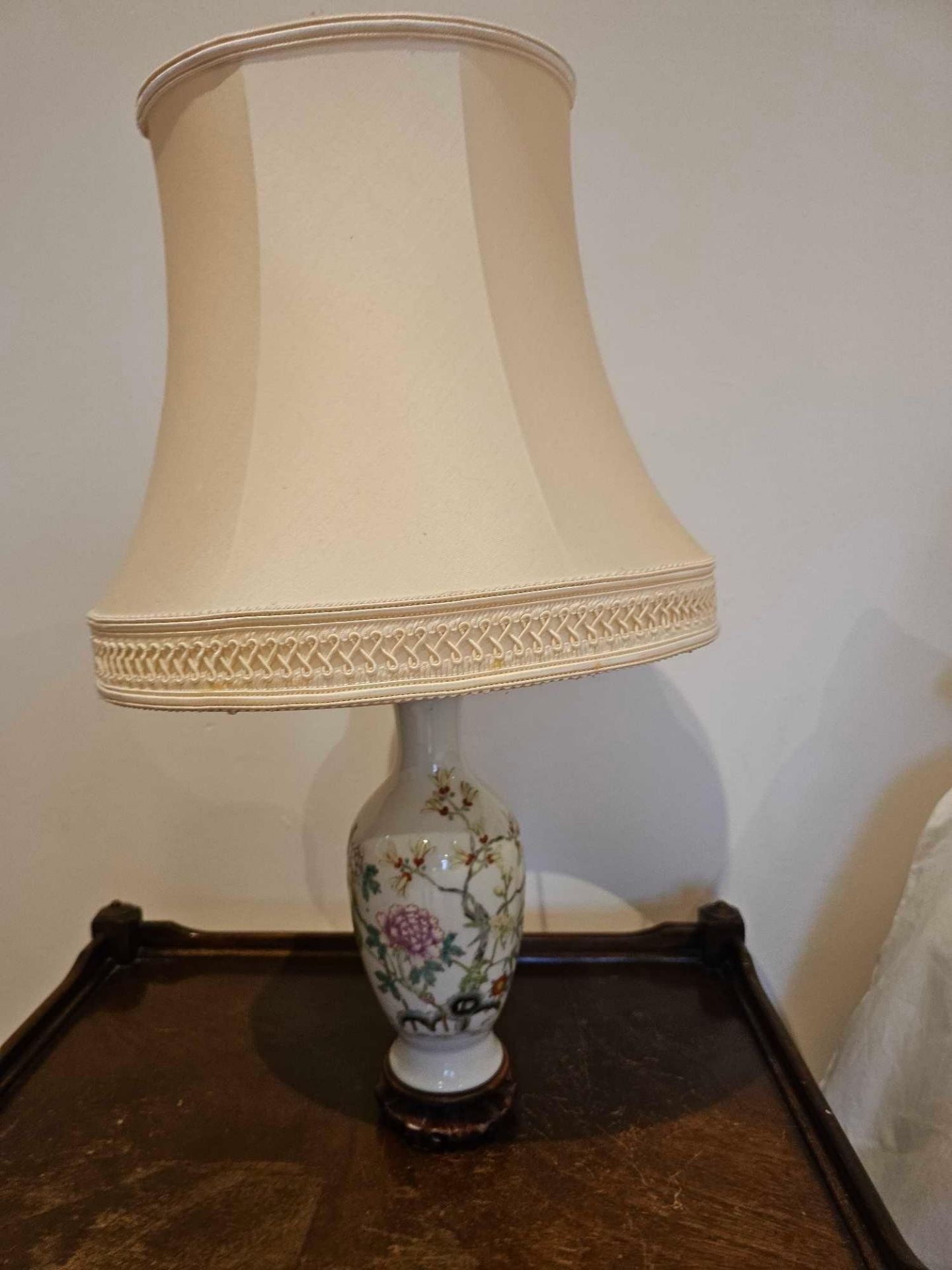 A Pair Of Porcelain Floral Pattern Table Lamps With Shade 60cm - Image 2 of 2