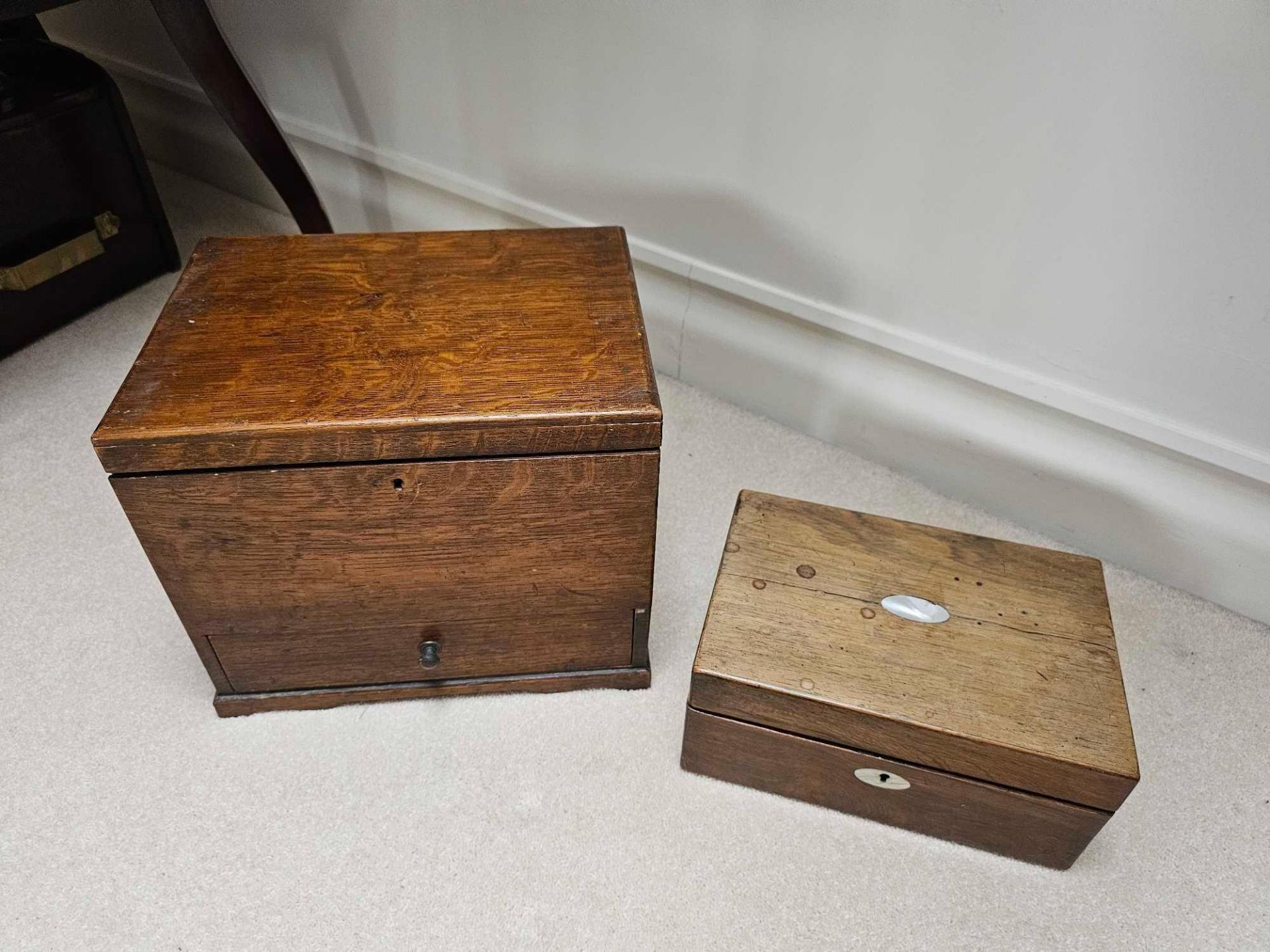 A Victorian Oak Sewing Workbox Padded Lid With Two Short Drawers 30 X 22 X 26cm And Another Small - Image 4 of 4