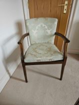A Parker Knoll Style Armchair Upholstered In A Damask Fabric With Later Replacement Strap Banding To