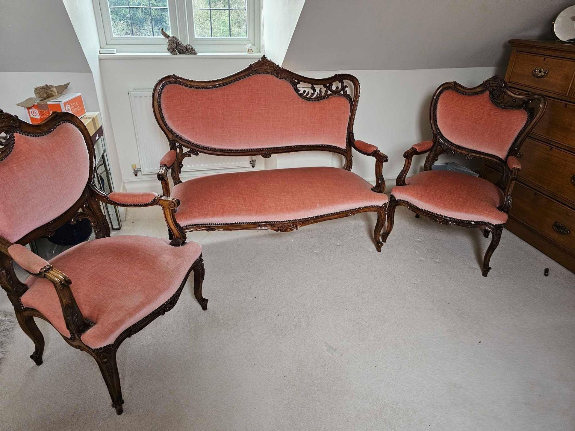 A French Walnut Salon Suite, A Two Seater Settee And A Pair Of Armchairs In The Louis XV Style - Bild 2 aus 8