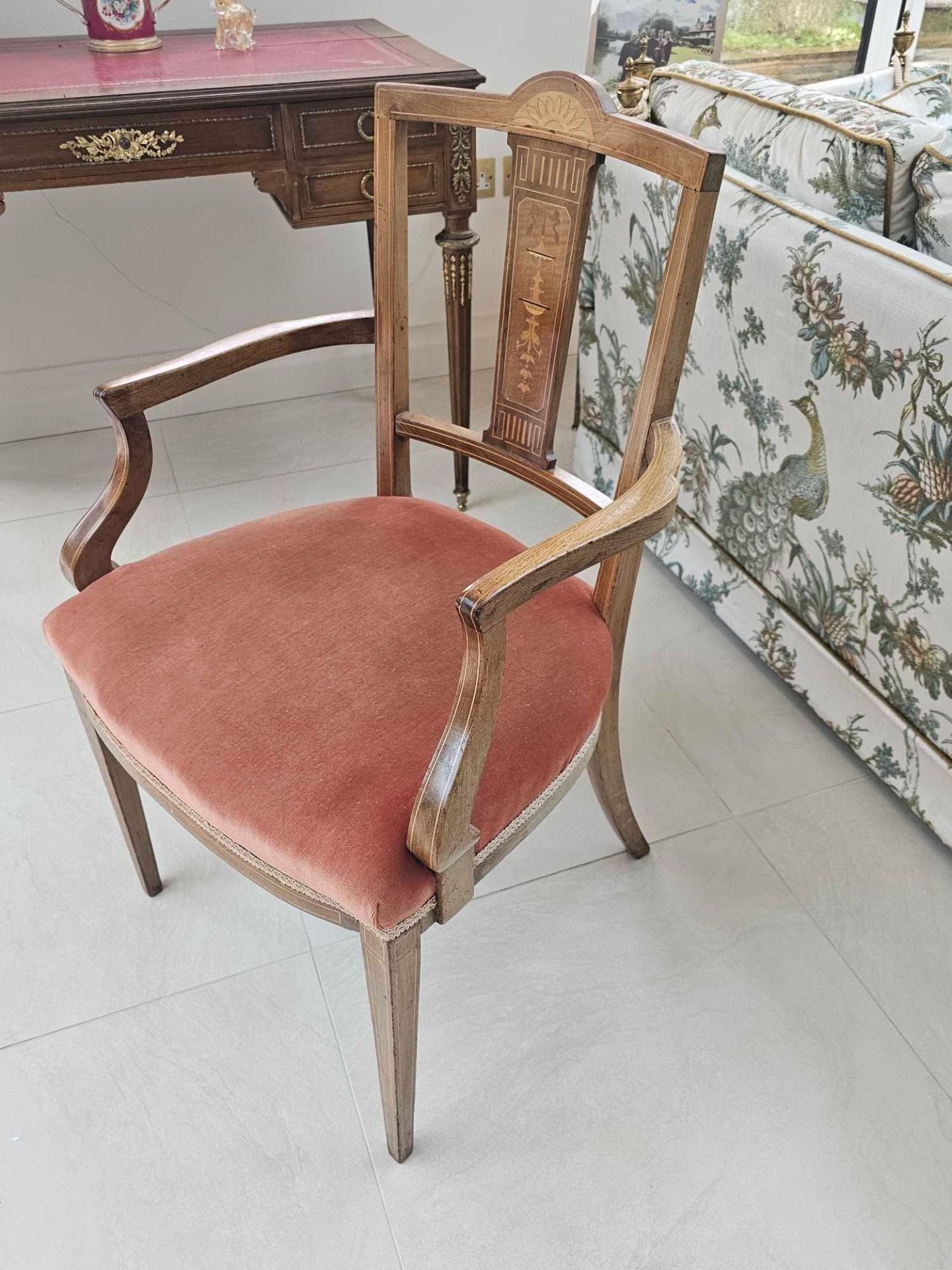 An Edwardian Mahogany Boxwood Strung Inlaid Open Armchair With A Foliate Inlaid Splat Stuff Over - Image 5 of 5