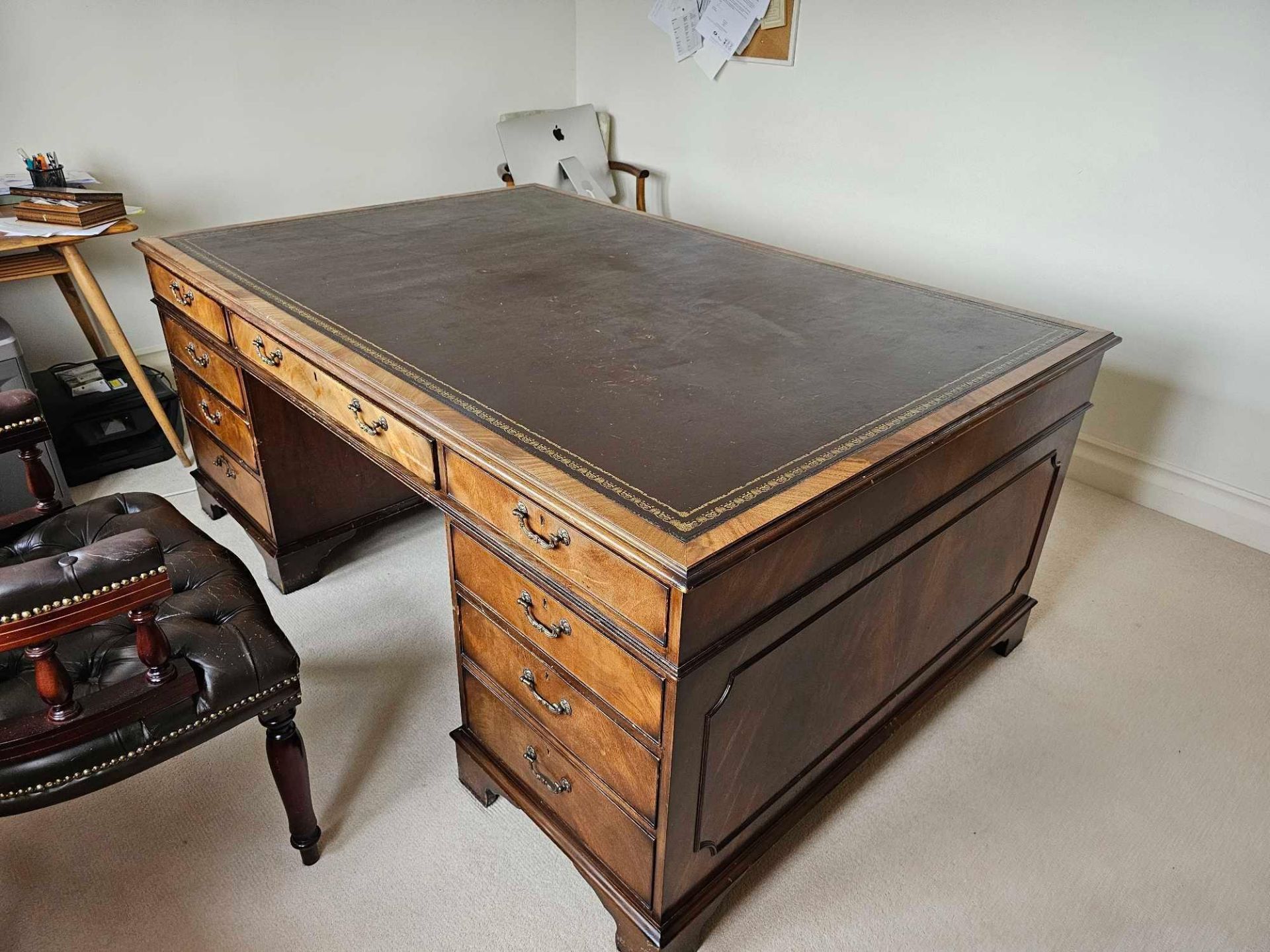 A George III Style Double Sided Walnut Partner Desk The Shaped Top With Leather Inset Top And - Image 2 of 8