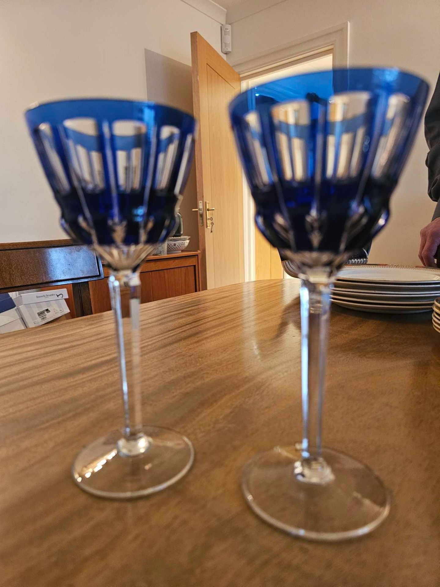 A Pair Of Bohemian Crystal Clear And Cobalt Goblets 18.5cm
