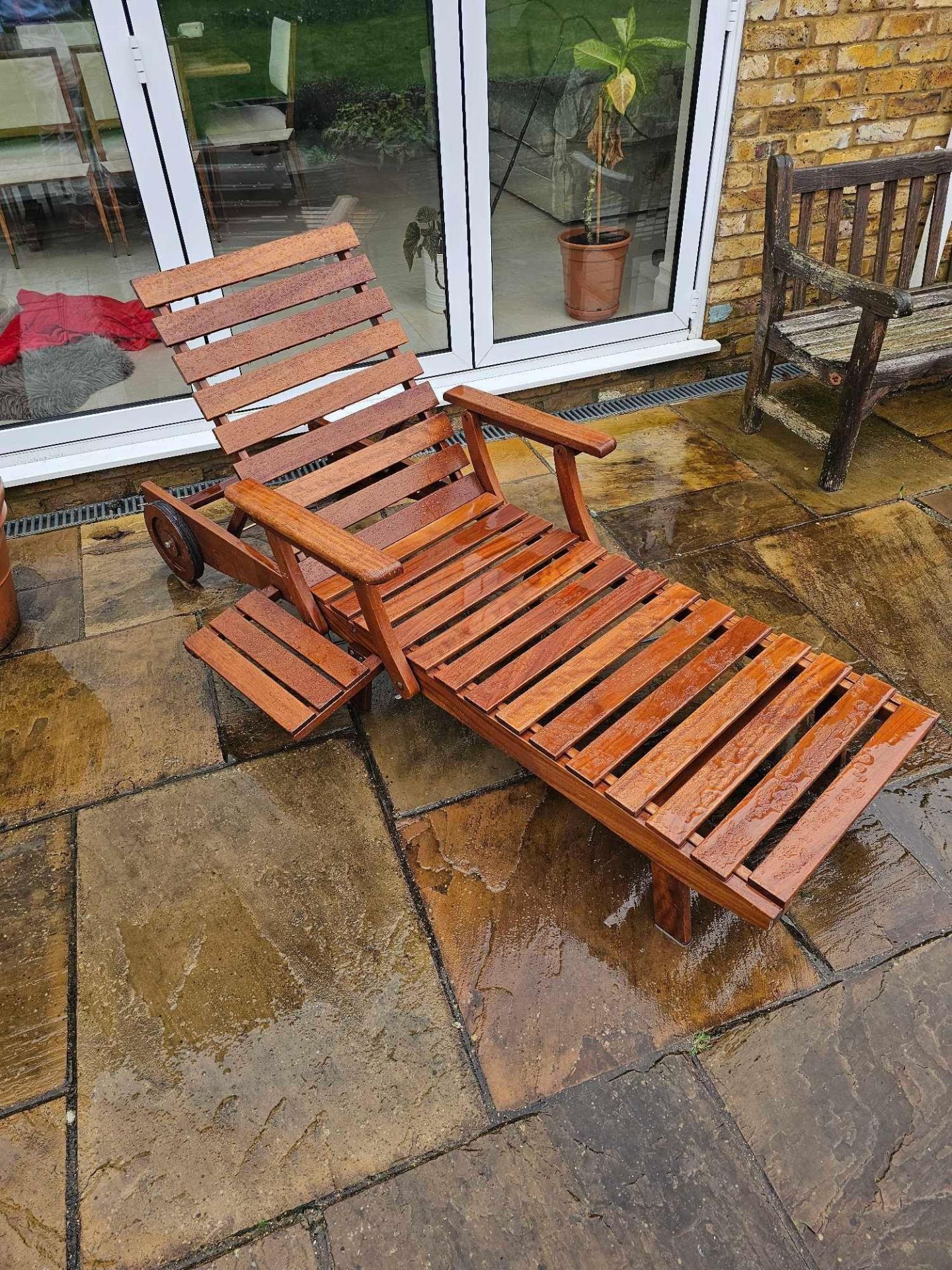 Teak Reclining Sun Lounger With Wheels And Tray Complete With Pad Cushion