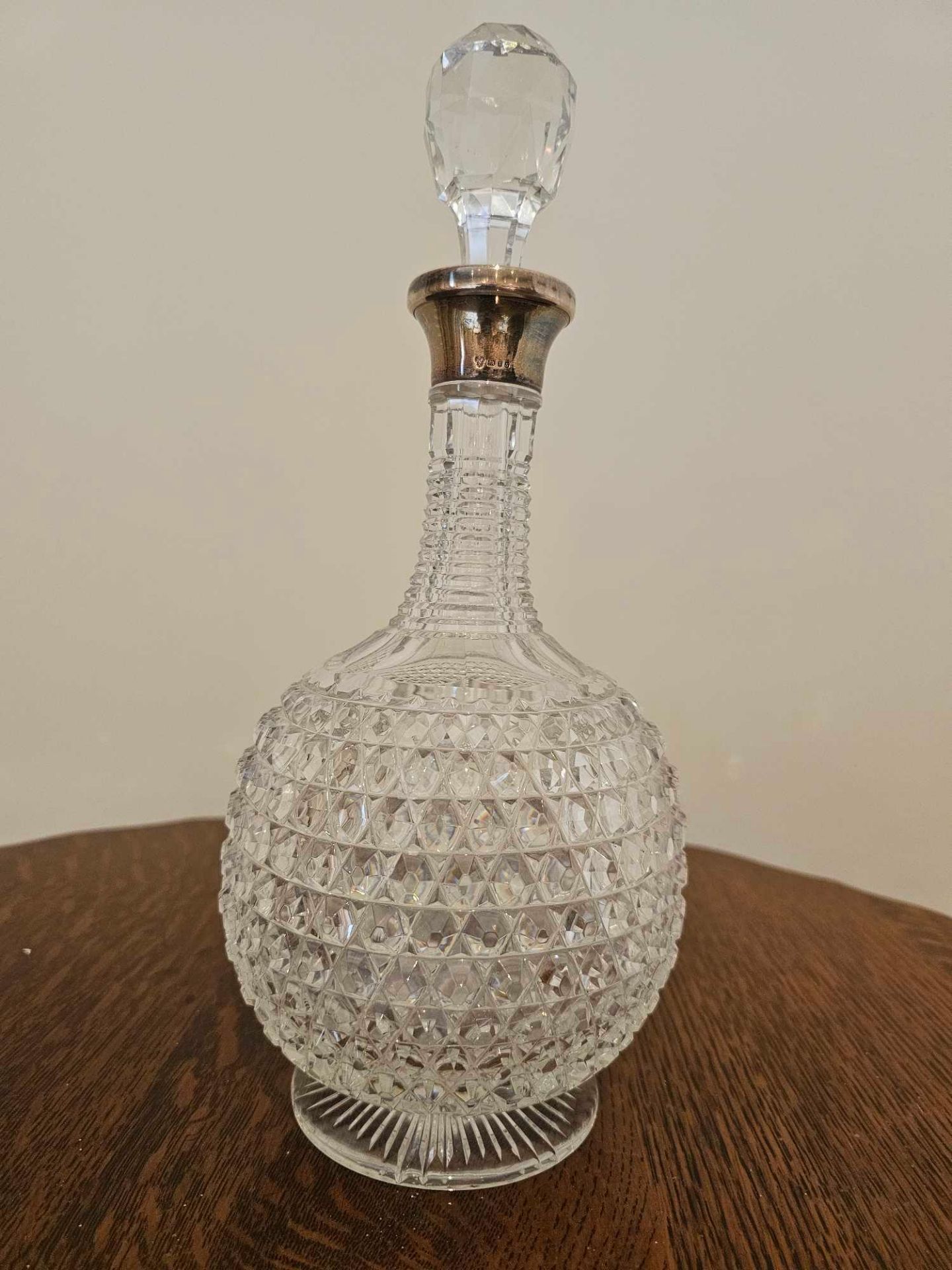 A Glass Cut Decanter With Stopper Of Bottle Form With Silver Assay Marked Collar London 1973 32cm - Image 2 of 10