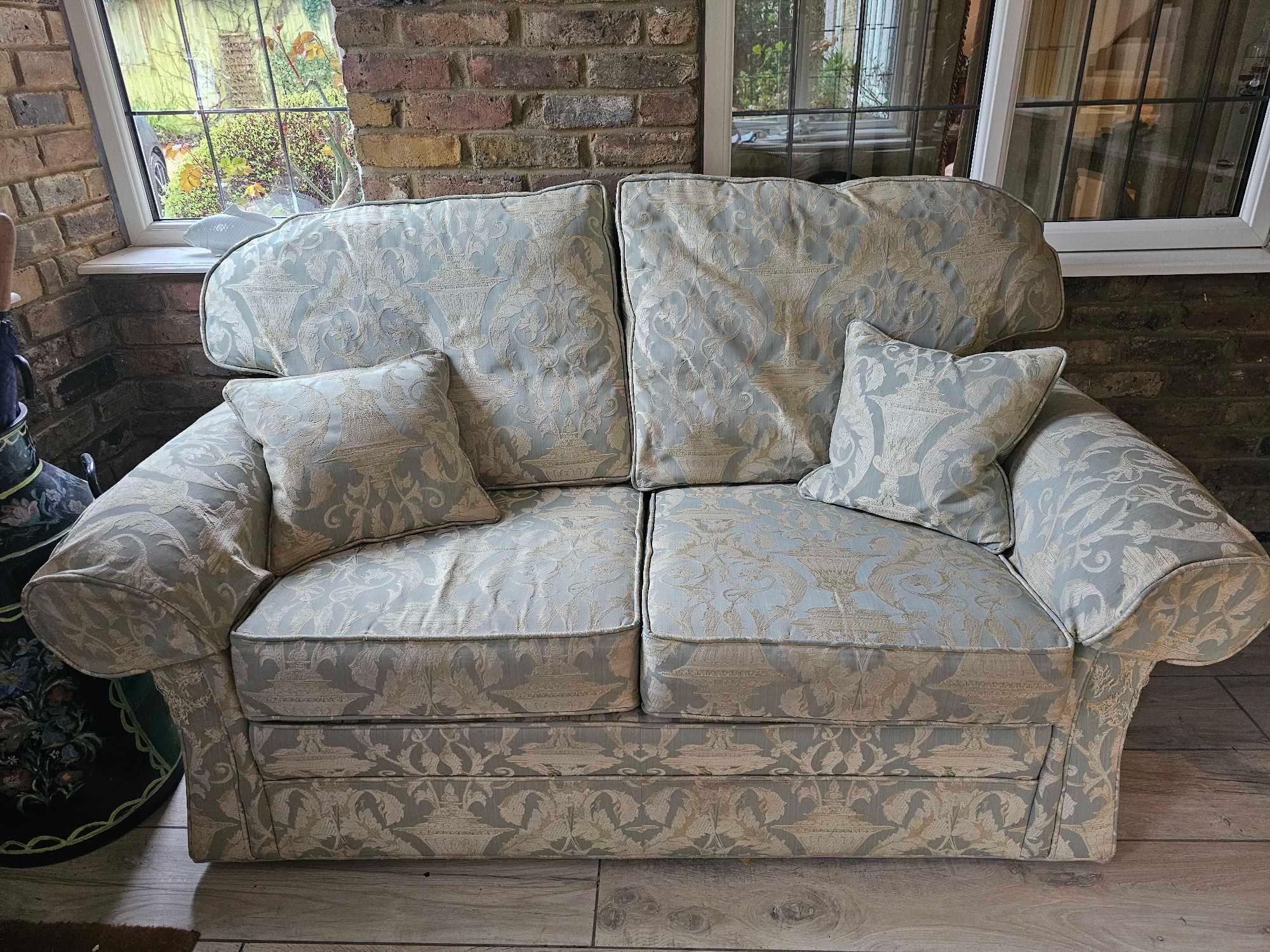 A Peter Guild Upholstered Two Seater Sofa In Damask Embossed Pattern Mint And Gold 160 X 87 X 95cm