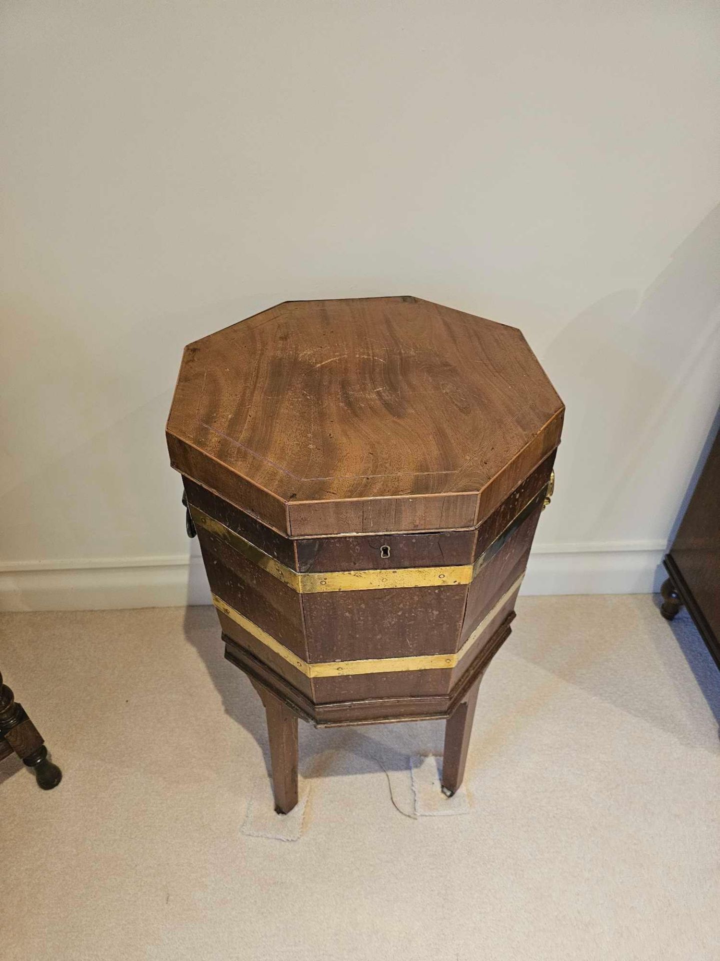 A George III Mahogany Octagonal Brass Bound Wine Cooler On Its Original Stand With Hinged Top The - Image 2 of 8