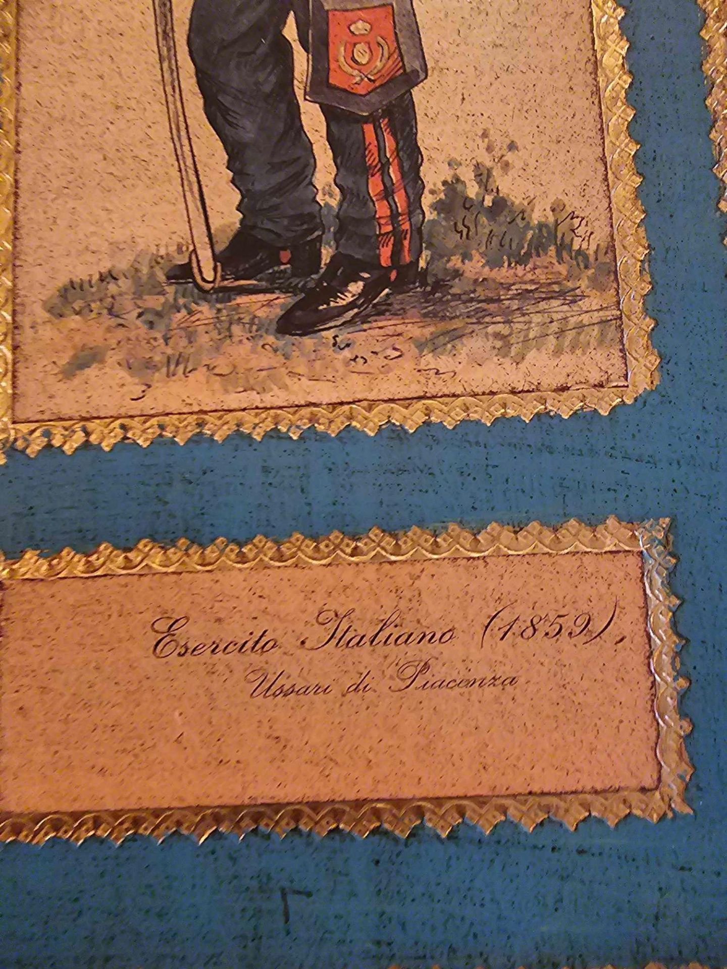 A Set Of 3 X Vintage Esercito Piemontese Italian Soldiers 1822 Prints On Wooden Plaques 20 X 52cm - Bild 3 aus 4