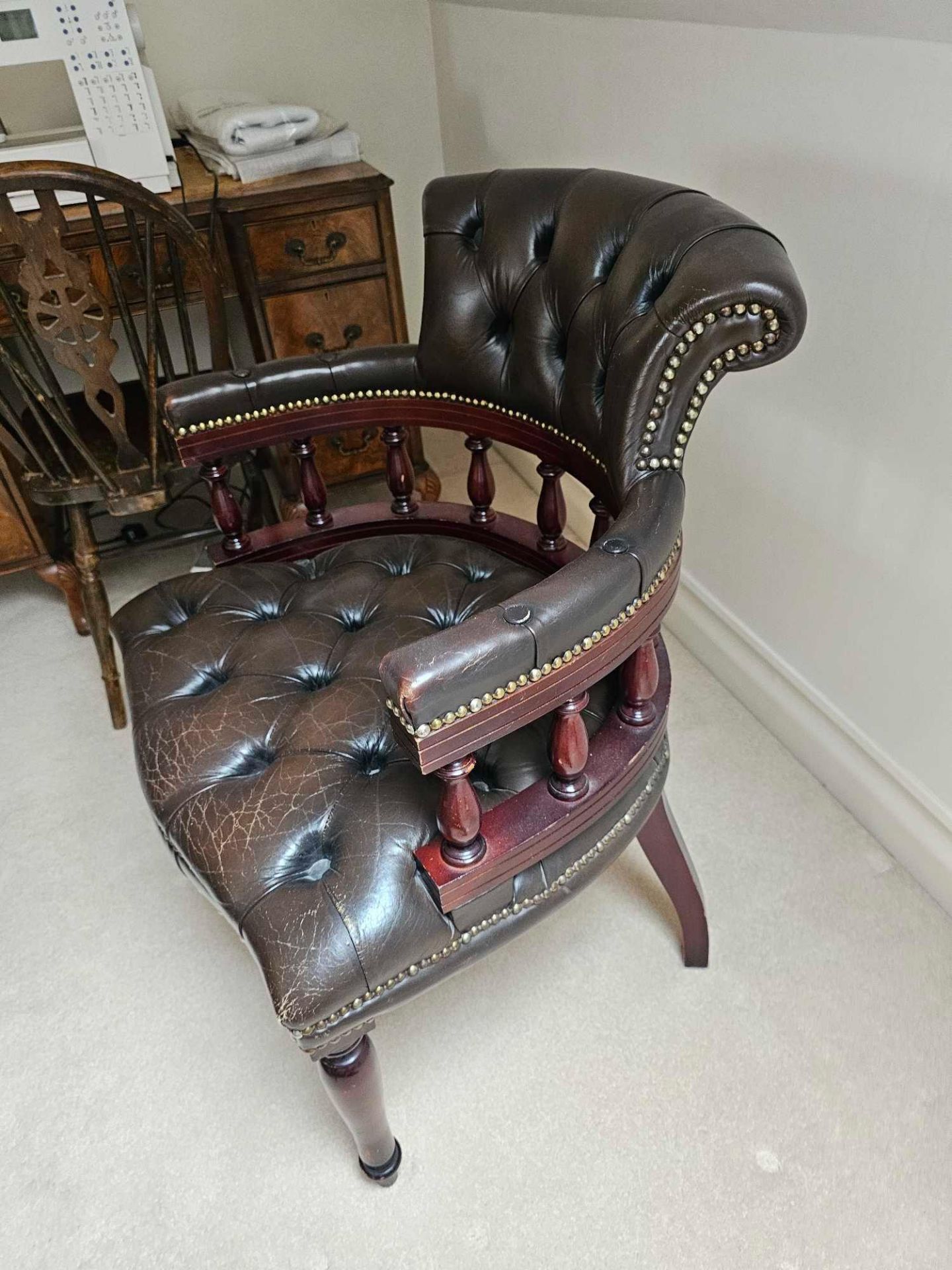 Victorian Leather Tufted Desk Chair With A Galleried Bold Turned Rails Between The Seat & The Curved - Image 4 of 4