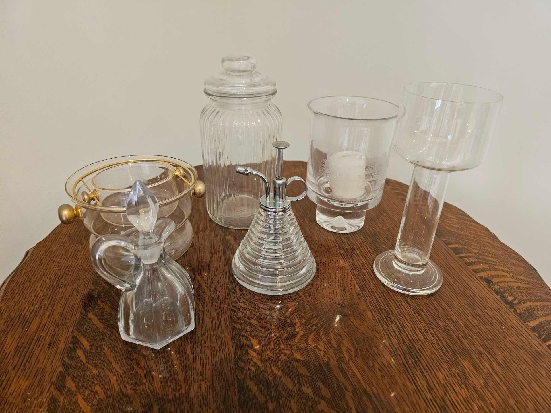 A Selection Of Glass Objets To Include A Rose Vaporiser, Biscuit Jar, Vinaigrette Bottle And - Image 3 of 5