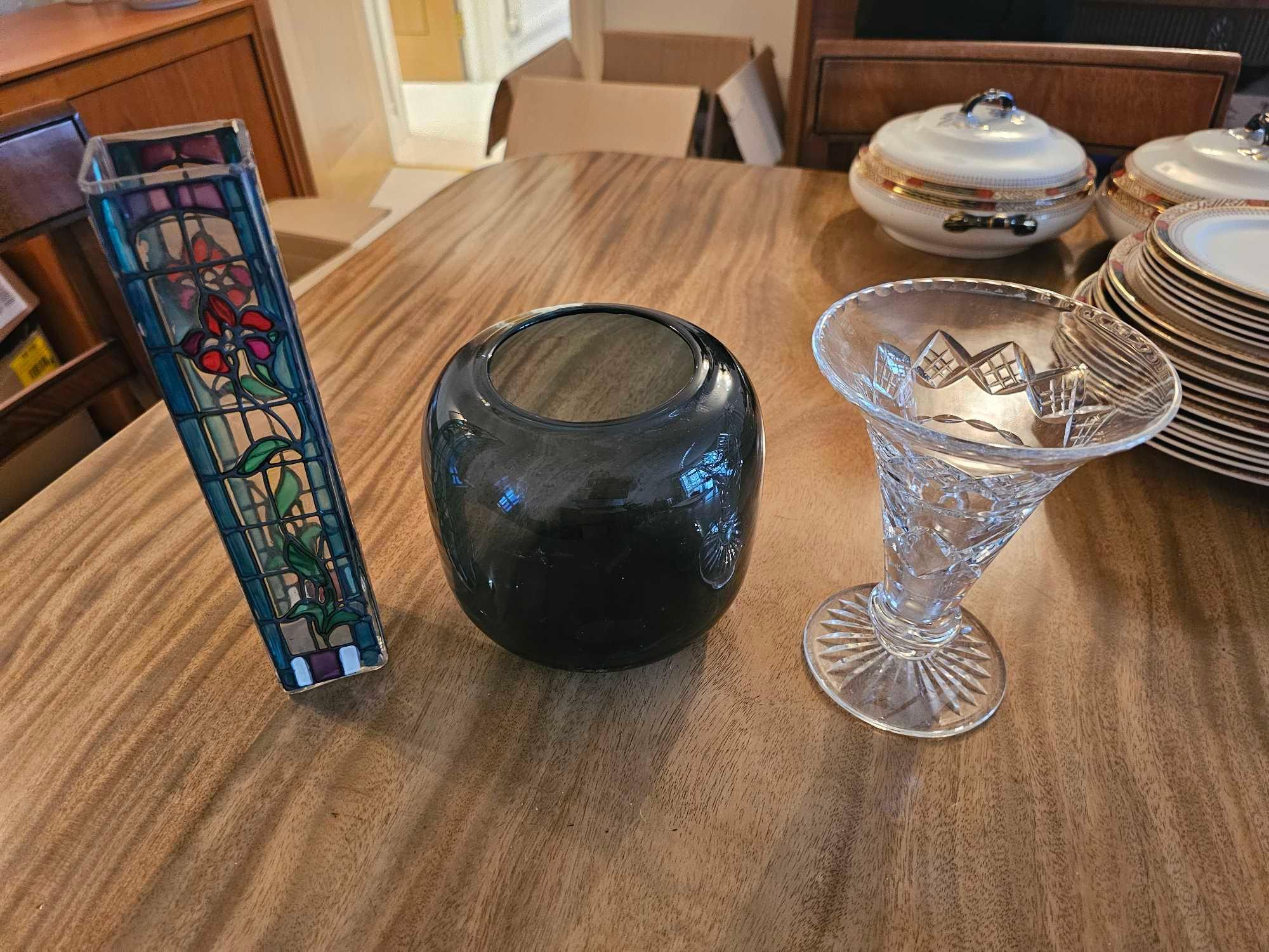 3 X Various Glass Vases, A Coloured Rose Bowl, A Stained Glass Column Vase And A Small Crystal Cut