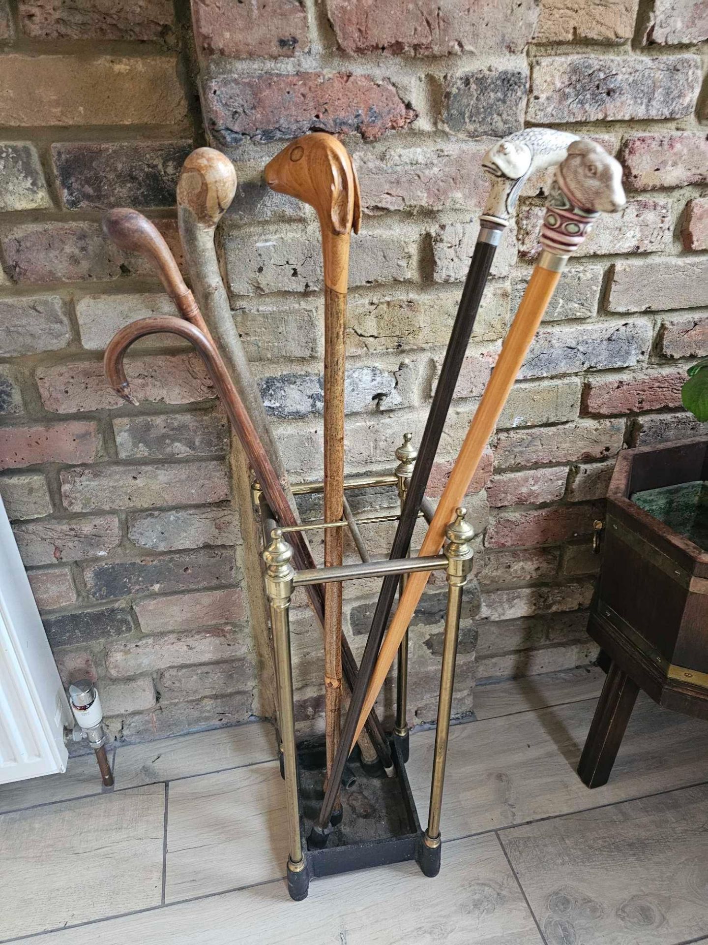 A Victorian Brass And Cast Iron Cane Stick Stand To Include 6 X Decorative Canes 22 X 22 X 60cm - Image 7 of 7
