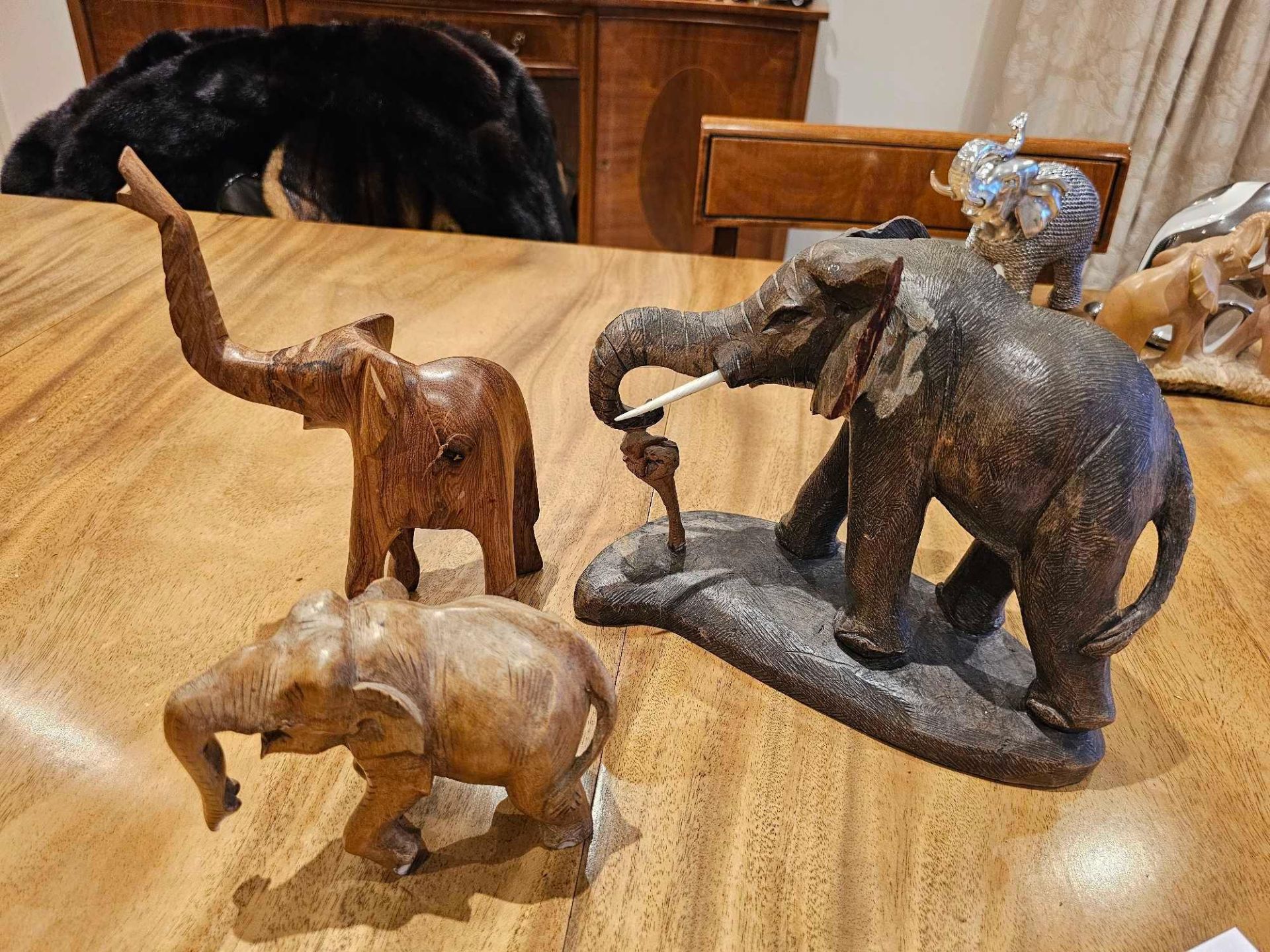 A Collection Of 3 X Various Wood Elephant Figurines As Per Photograph