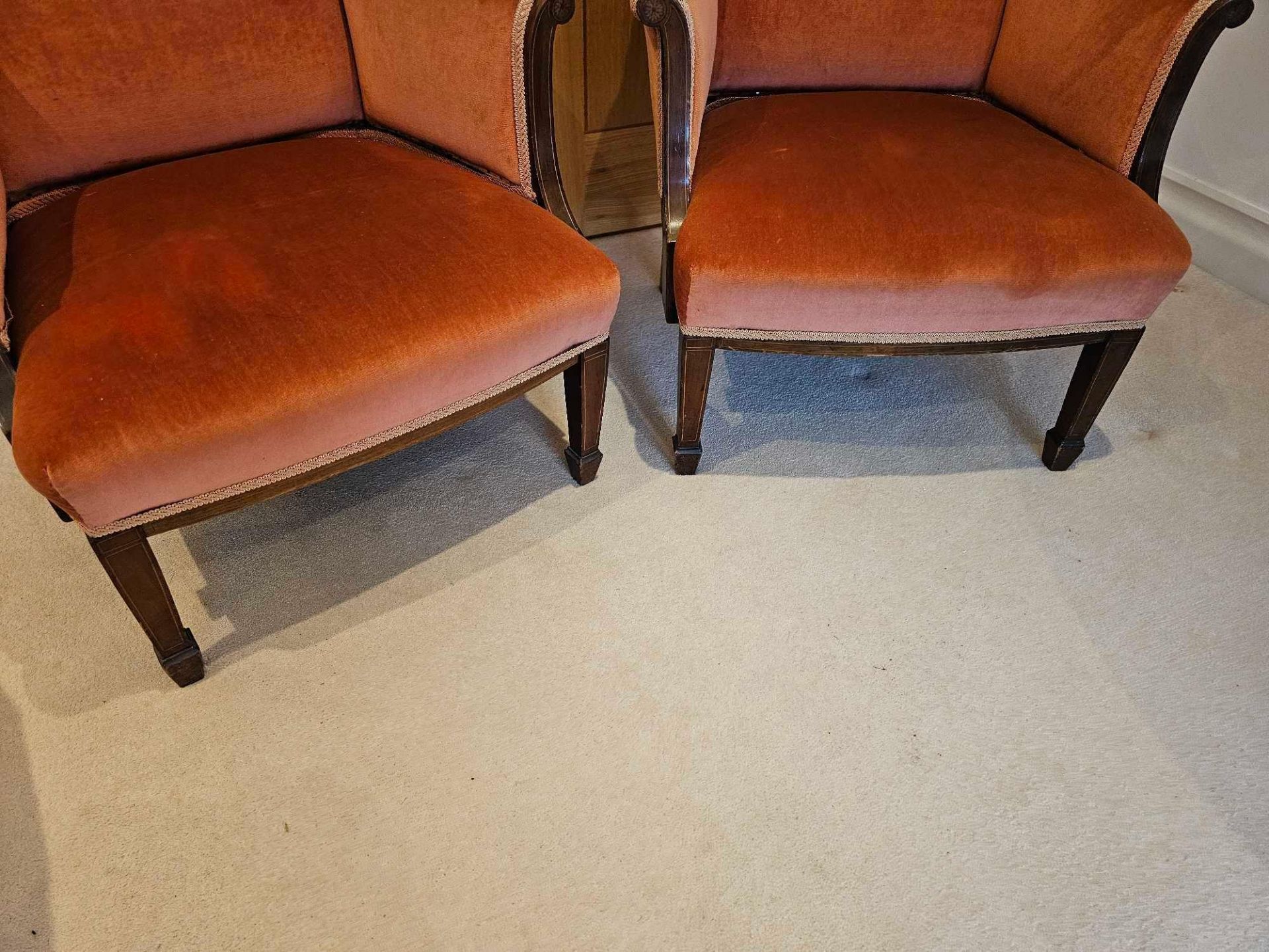 A Pair Of Edwardian Mahogany And Boxwood Strung BergÃ¨res Each Upholstered With Low Rectangular - Image 4 of 6