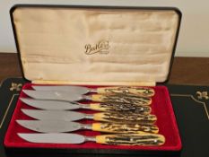 George Butler & Co Sheffield Cased Set Of 6 Knives Stag Bone Handles