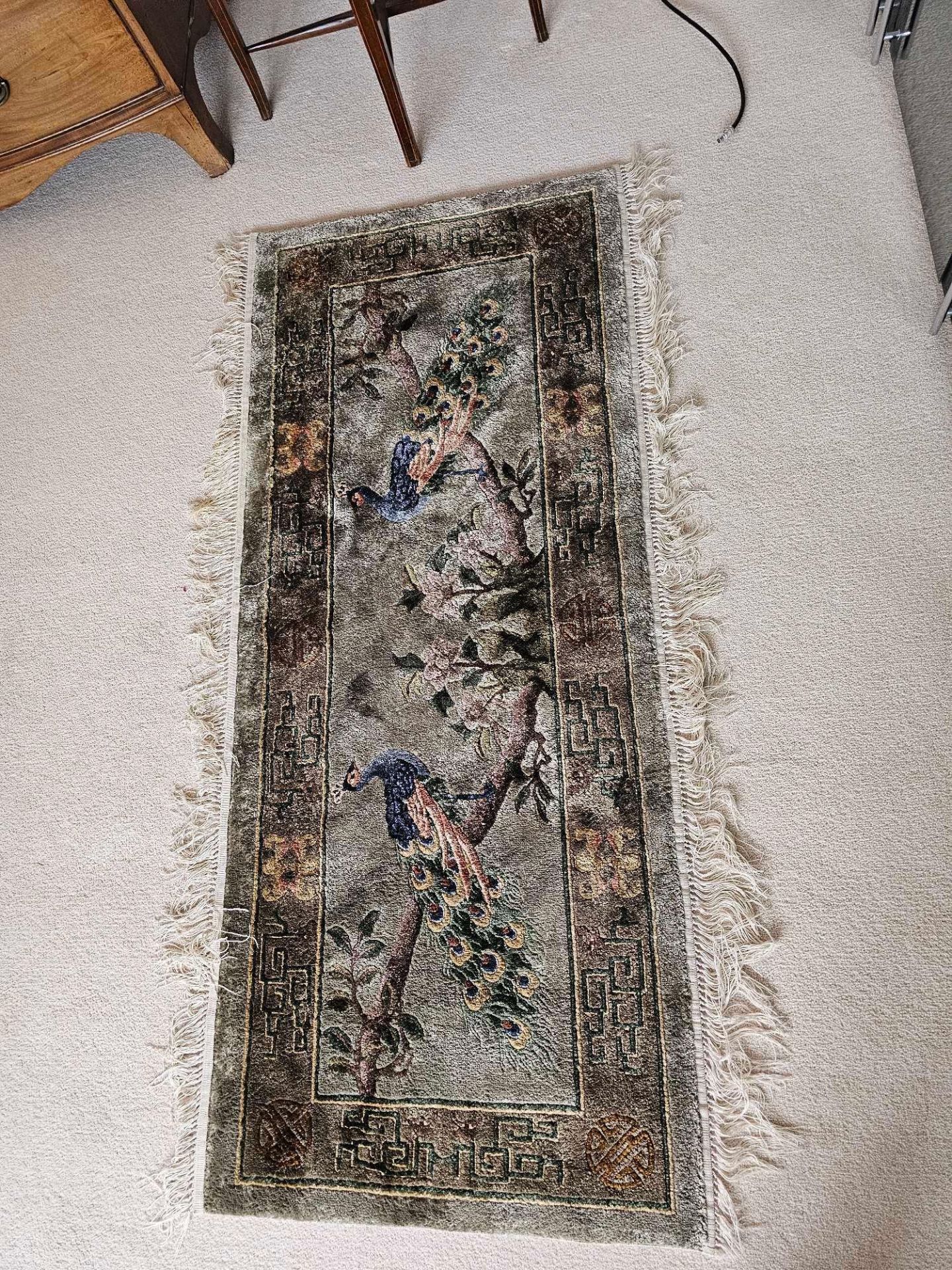A Vintage Oriental Superwash Wool Rug Green Field With Floral And Peacock Design With Fringe 150 X