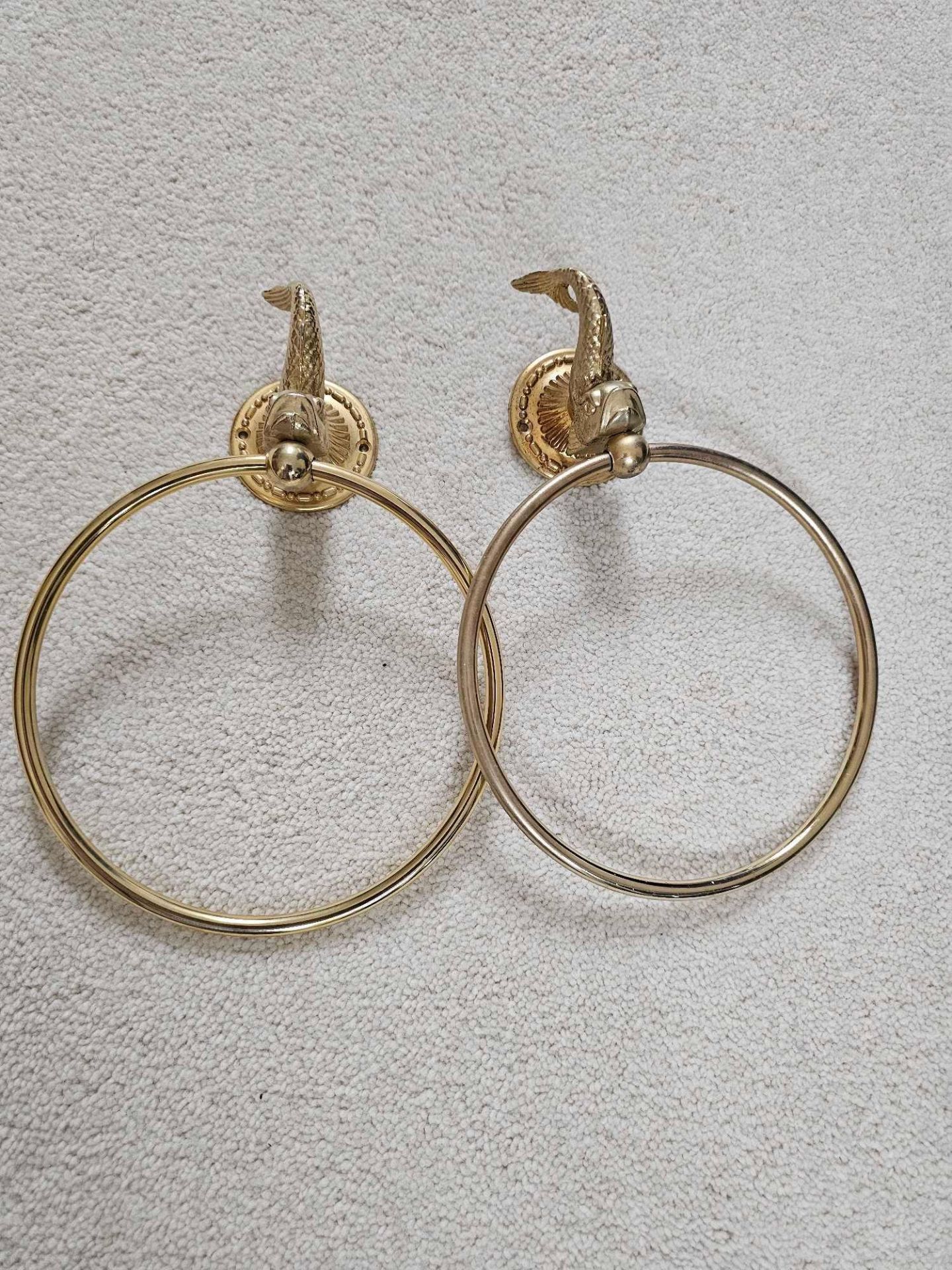 2 X Brass Towel Rings With Dolphin Form Mounts