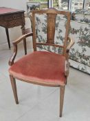 An Edwardian Mahogany Boxwood Strung Inlaid Open Armchair With A Foliate Inlaid Splat Stuff Over