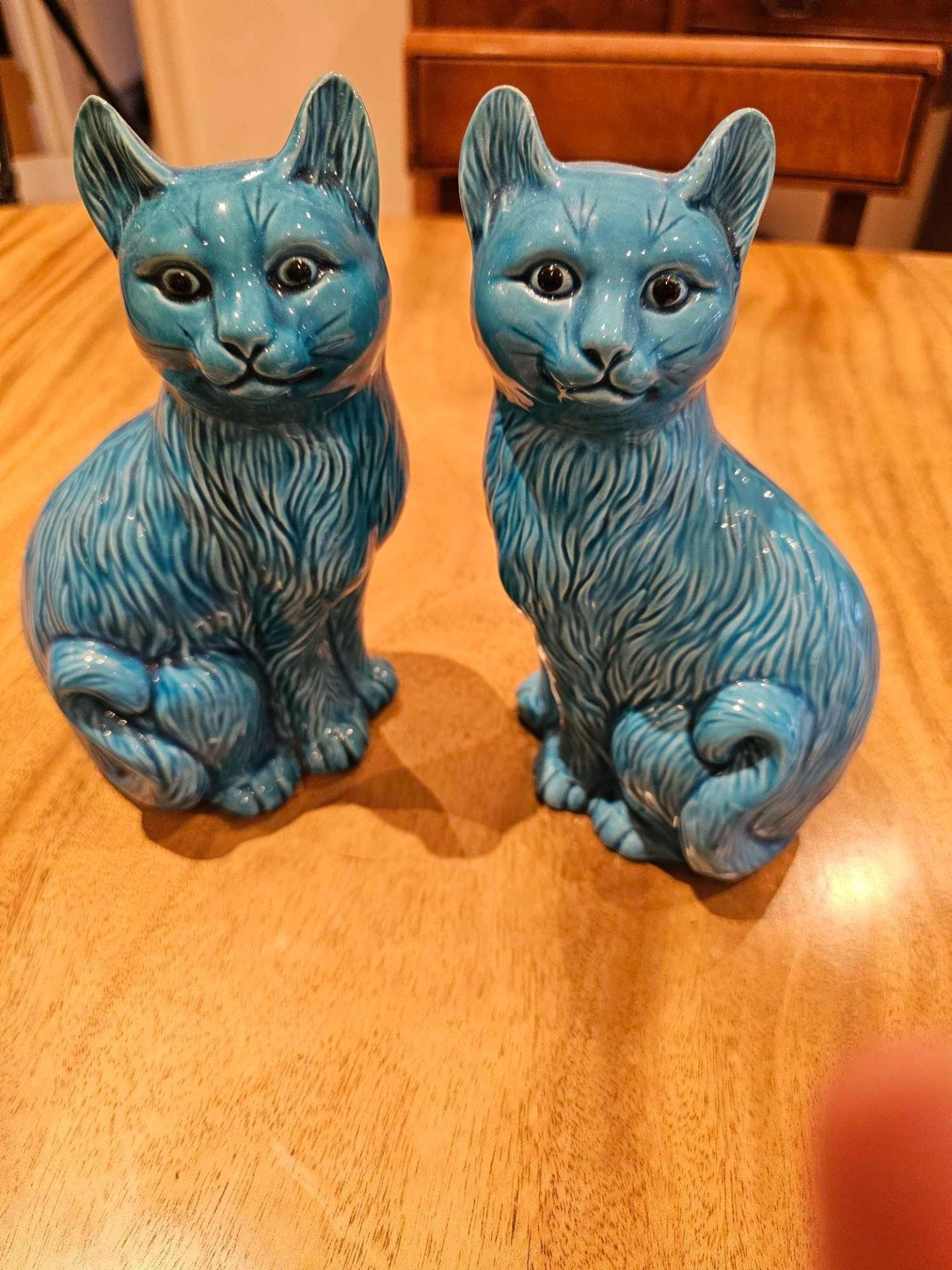 Turquoise Glazed Vintage Collectible Set Of 2 Cats - Faience Majolica Made In China