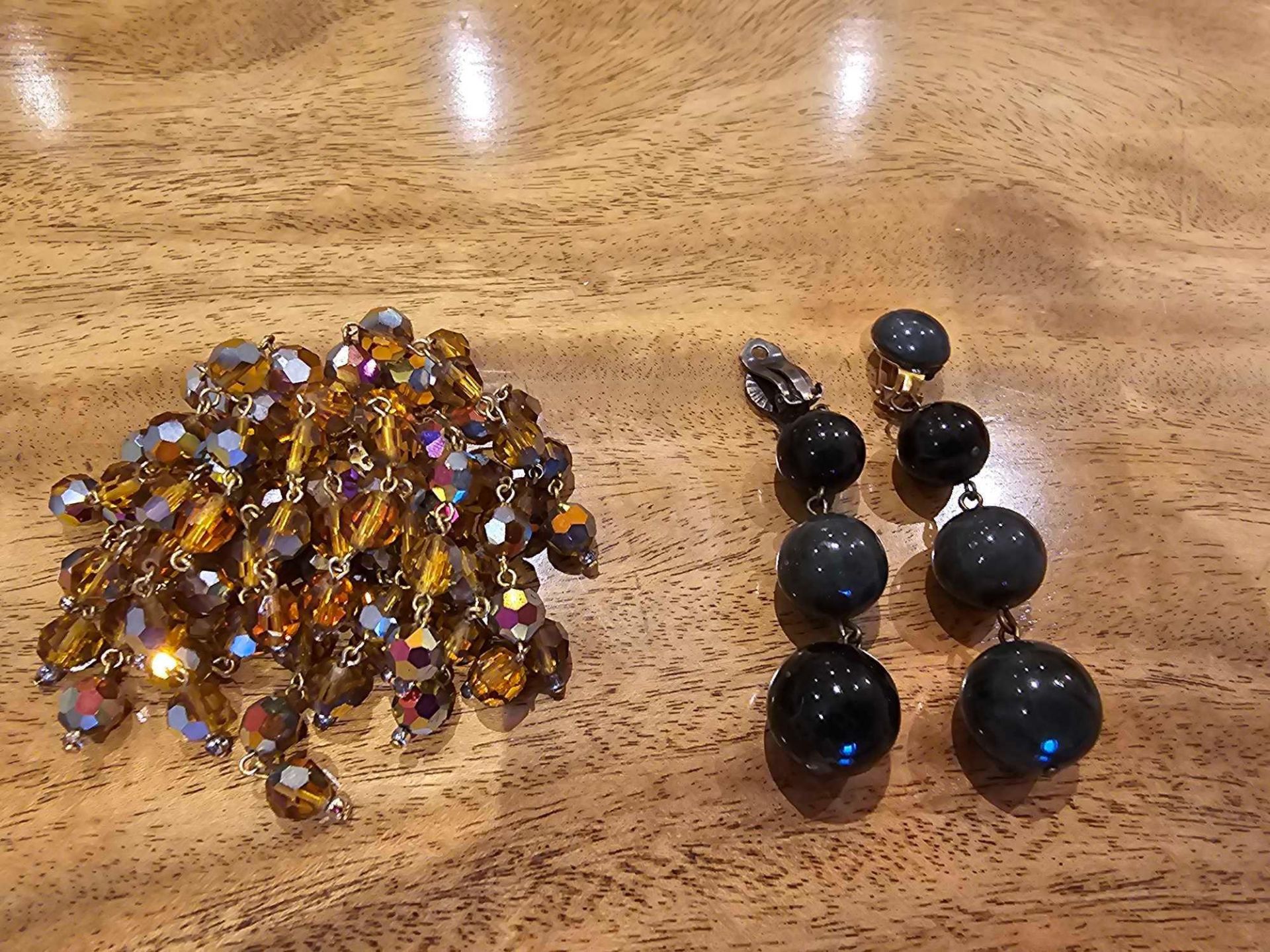 A Vintage Beaded Waterfall Brooch, 1960s And A Pair Of Black Obsidian Stone Style Clip On Earrings - Image 2 of 4