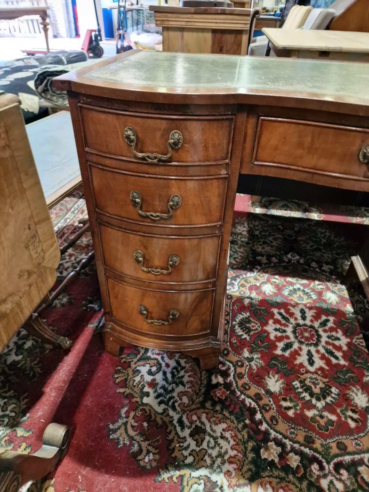 A Georgian Style Burl Walnu Knee Hole Writing Desk The Shaped Leather Inset Top Raised Above A - Image 3 of 5
