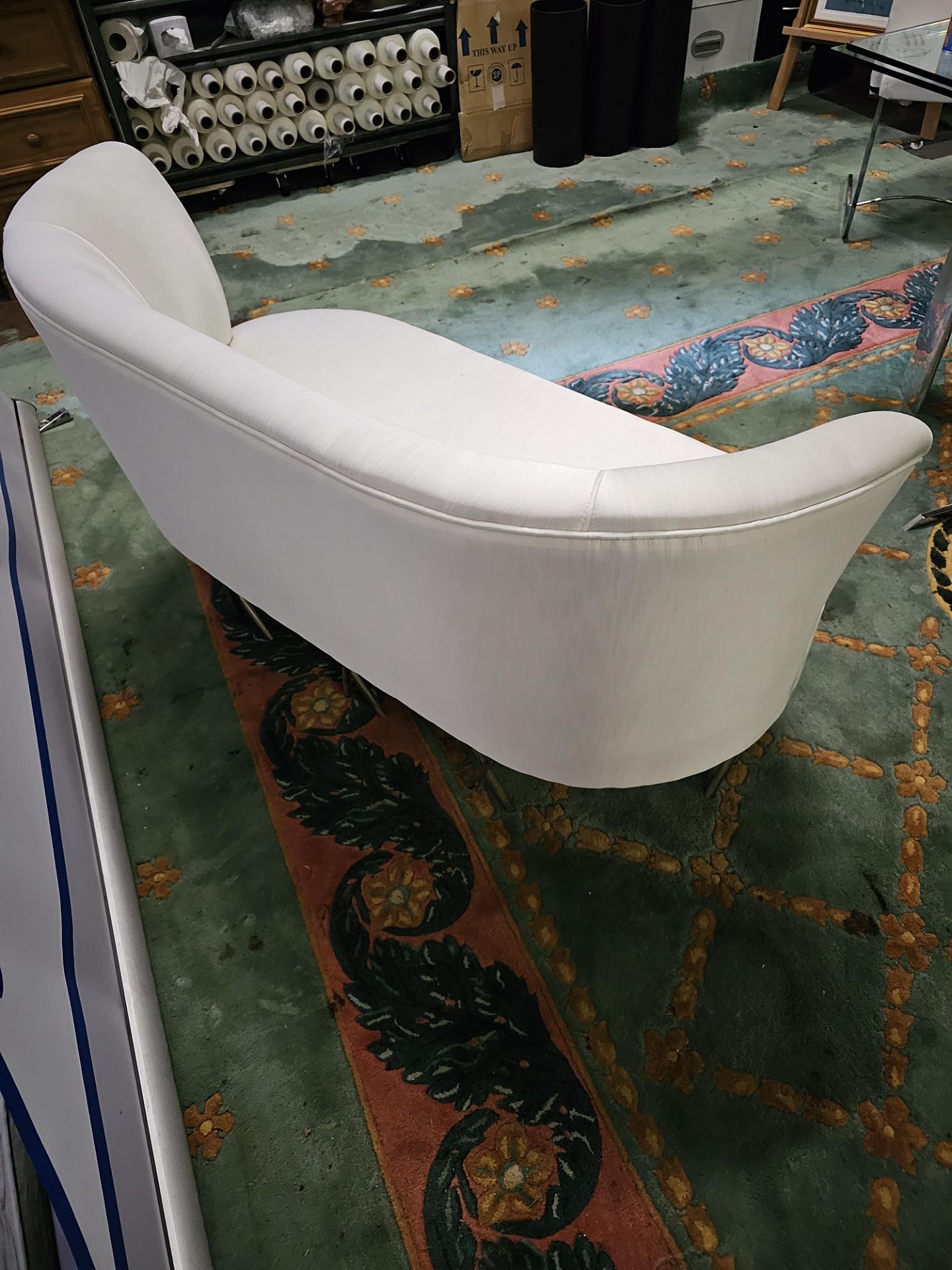 Two Seater Love Seat In A Shiny Oyster White Upholstery On Chrome Feet 155cm x 70cm x 73cm high - Image 6 of 10