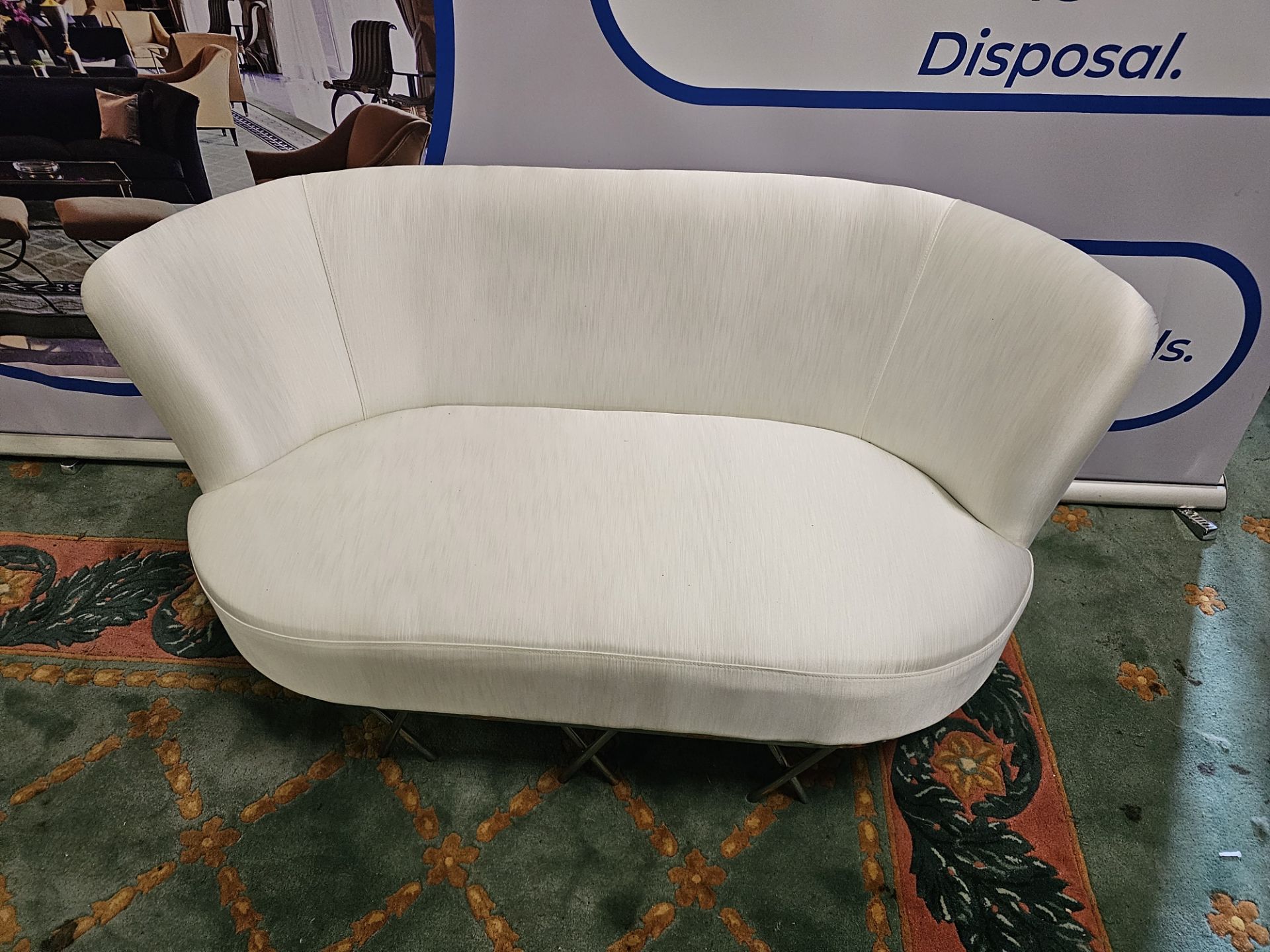 Two Seater Love Seat In A Shiny Oyster White Upholstery On Chrome Feet 155cm x 70cm x 73cm high - Image 2 of 10